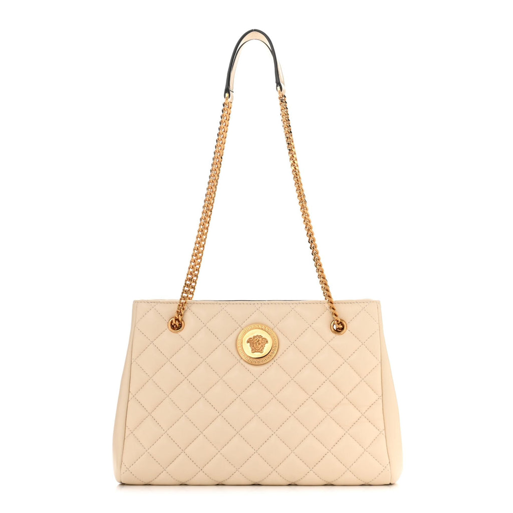 Luxury Versace Large Tote Bag in Quilted Beige Leather