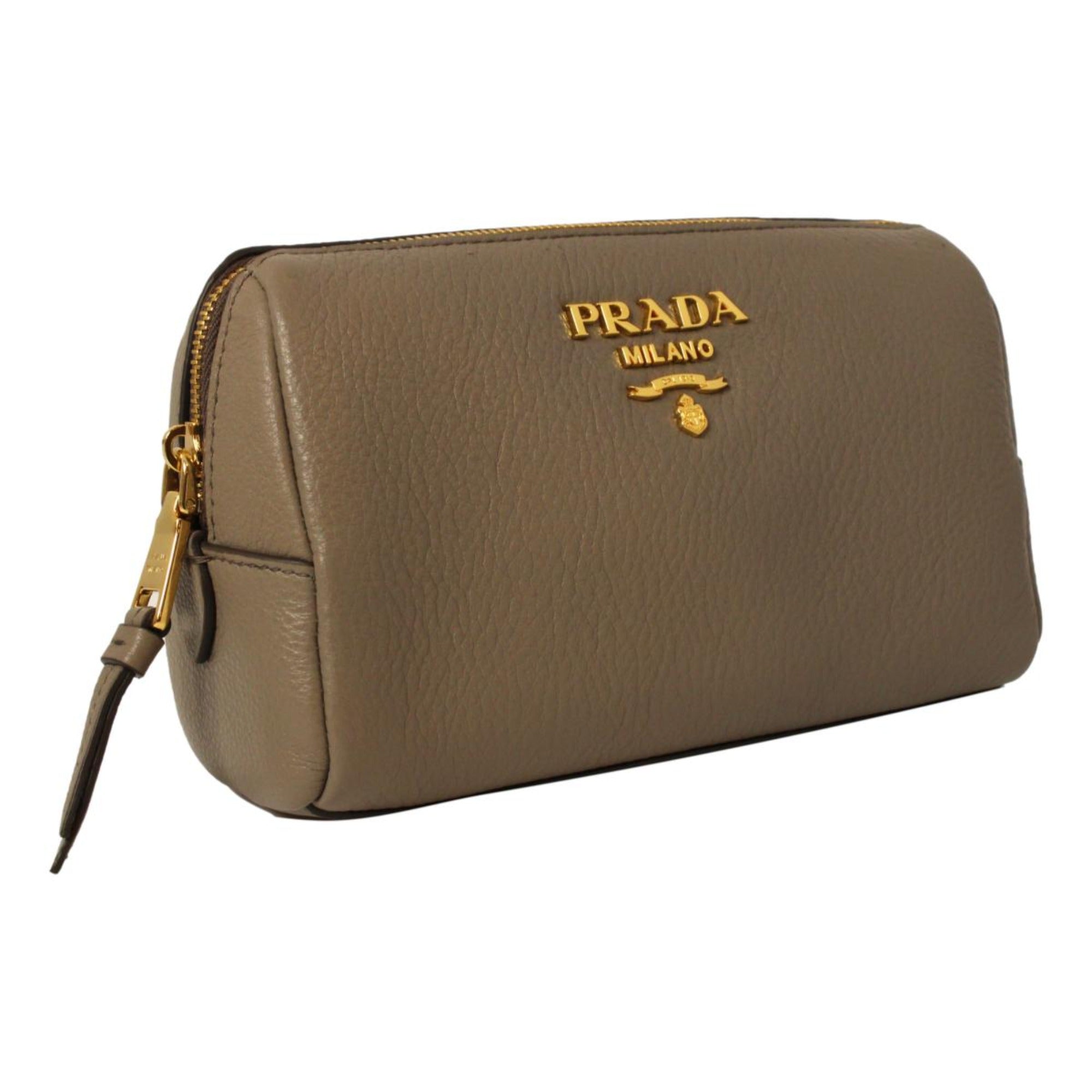 Luxurious Prada Cosmetic Bag - Grey Leather Pouch, Chic Travel -   Shop Bags LLC 