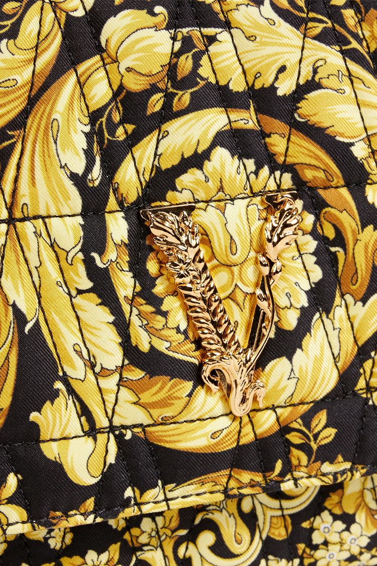 Luxurious Quilted Versace Virtus Shoulder Bag in Black & Gold Silk -   Shop Bags LLC 
