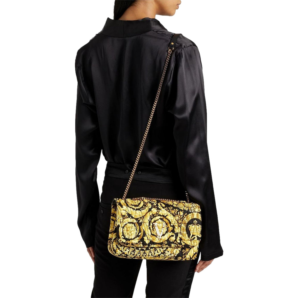 Luxurious Quilted Versace Virtus Shoulder Bag in Black & Gold Silk -   Shop Bags LLC 