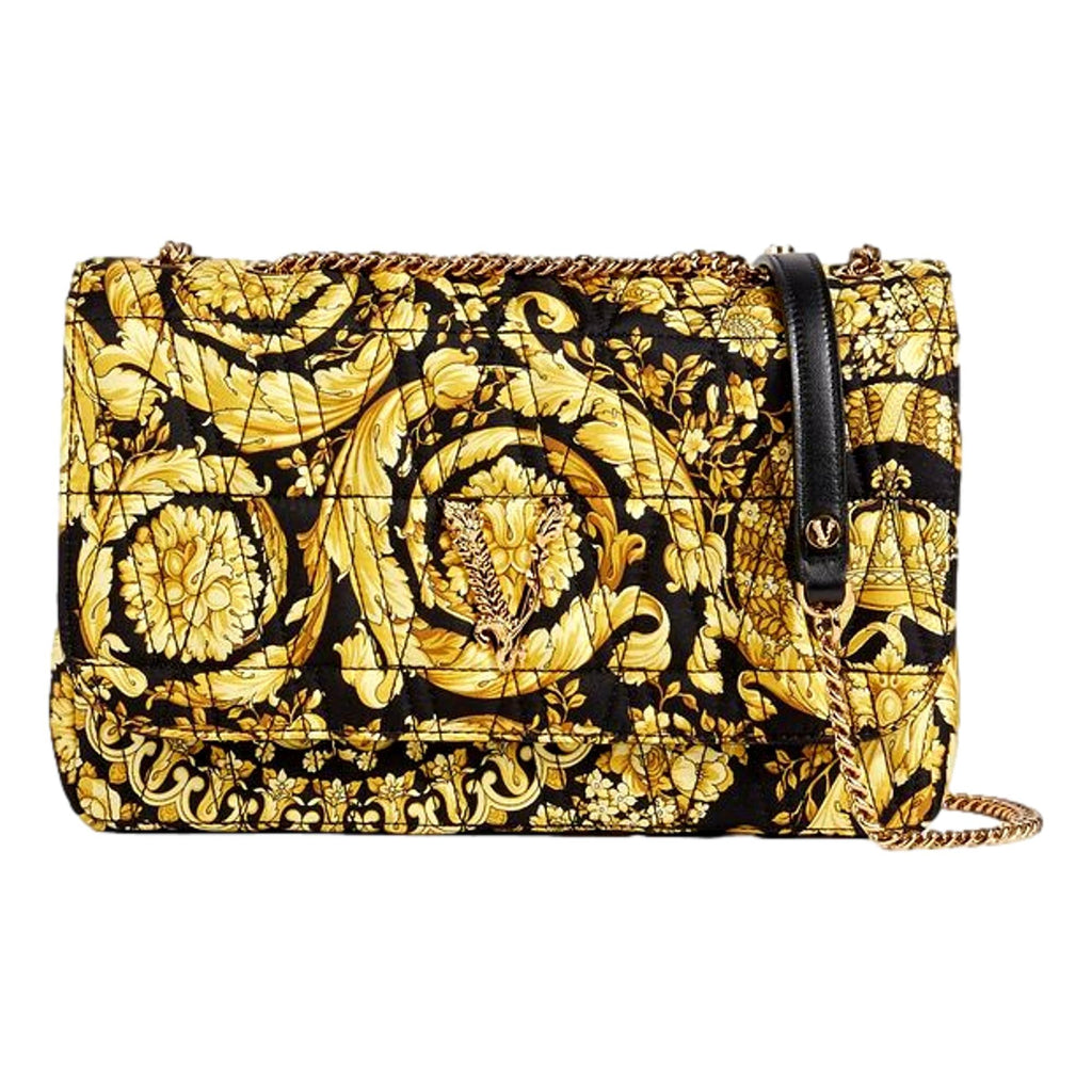 Luxurious Quilted Versace Virtus Shoulder Bag in Black & Gold Silk -   Shop Bags LLC 