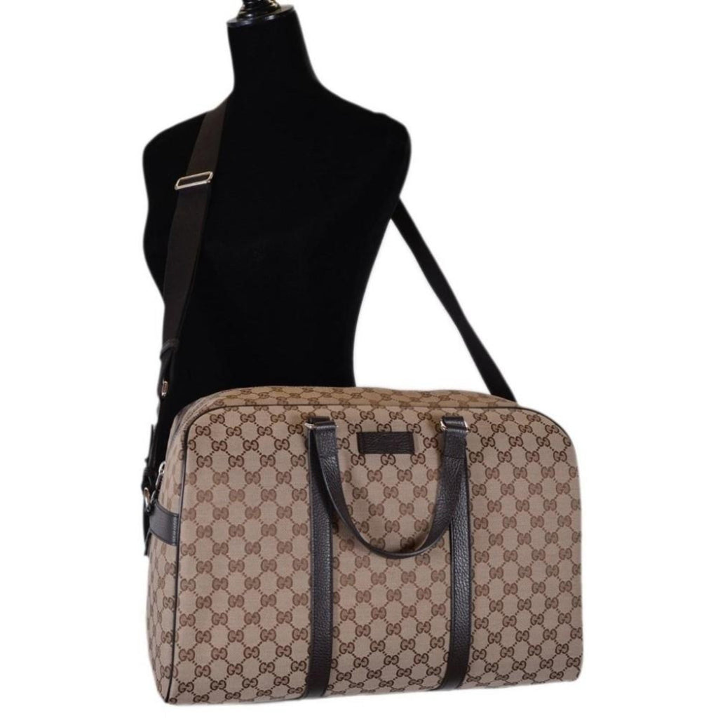 Luxury Gucci Duffle Bag: Stylish Travel in Beige Canvas & Leather -   Shop Bags LLC