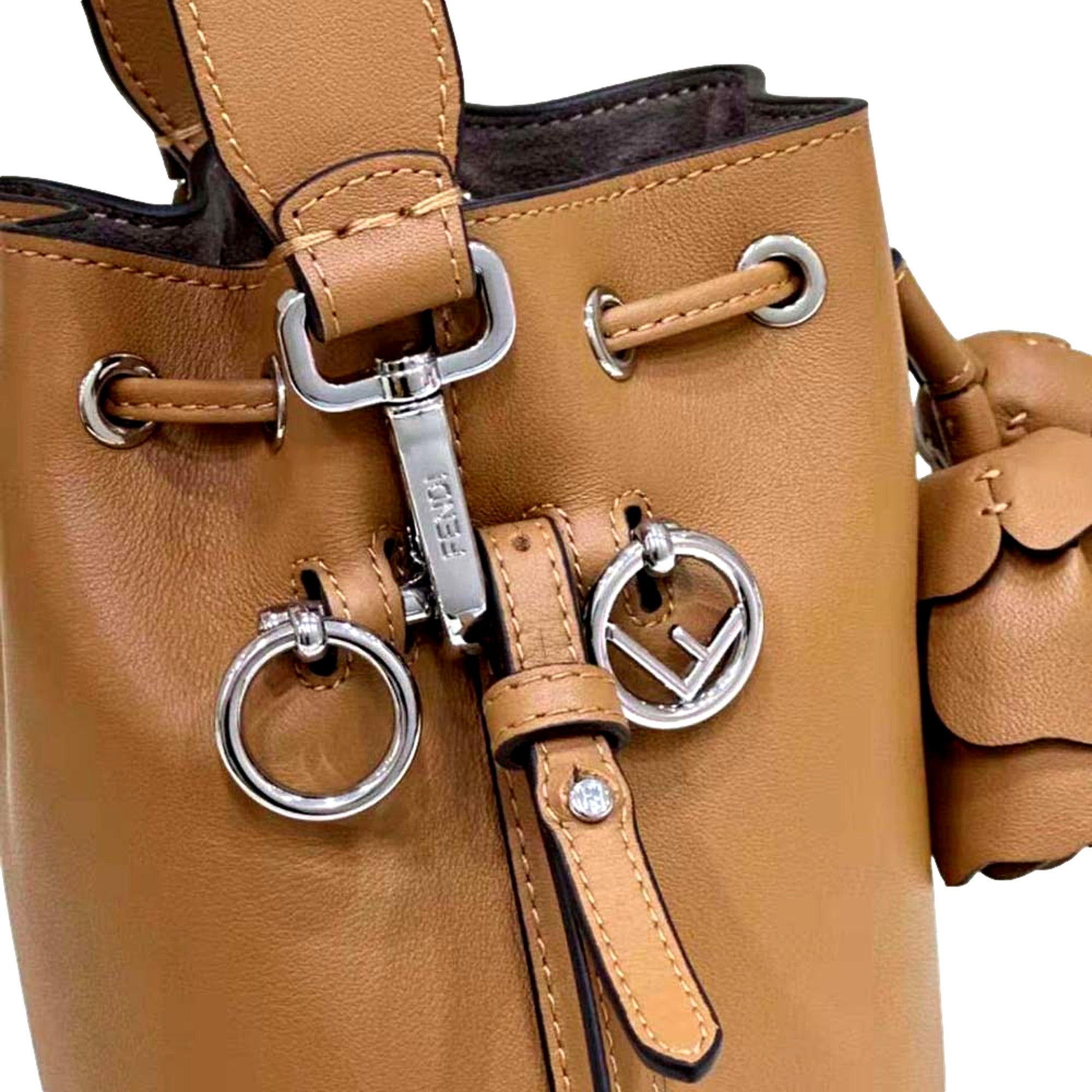 Mini Brown Bucket Bag by FENDI - Elegant Calfskin with Floral Accents -   Shop Bags LLC 