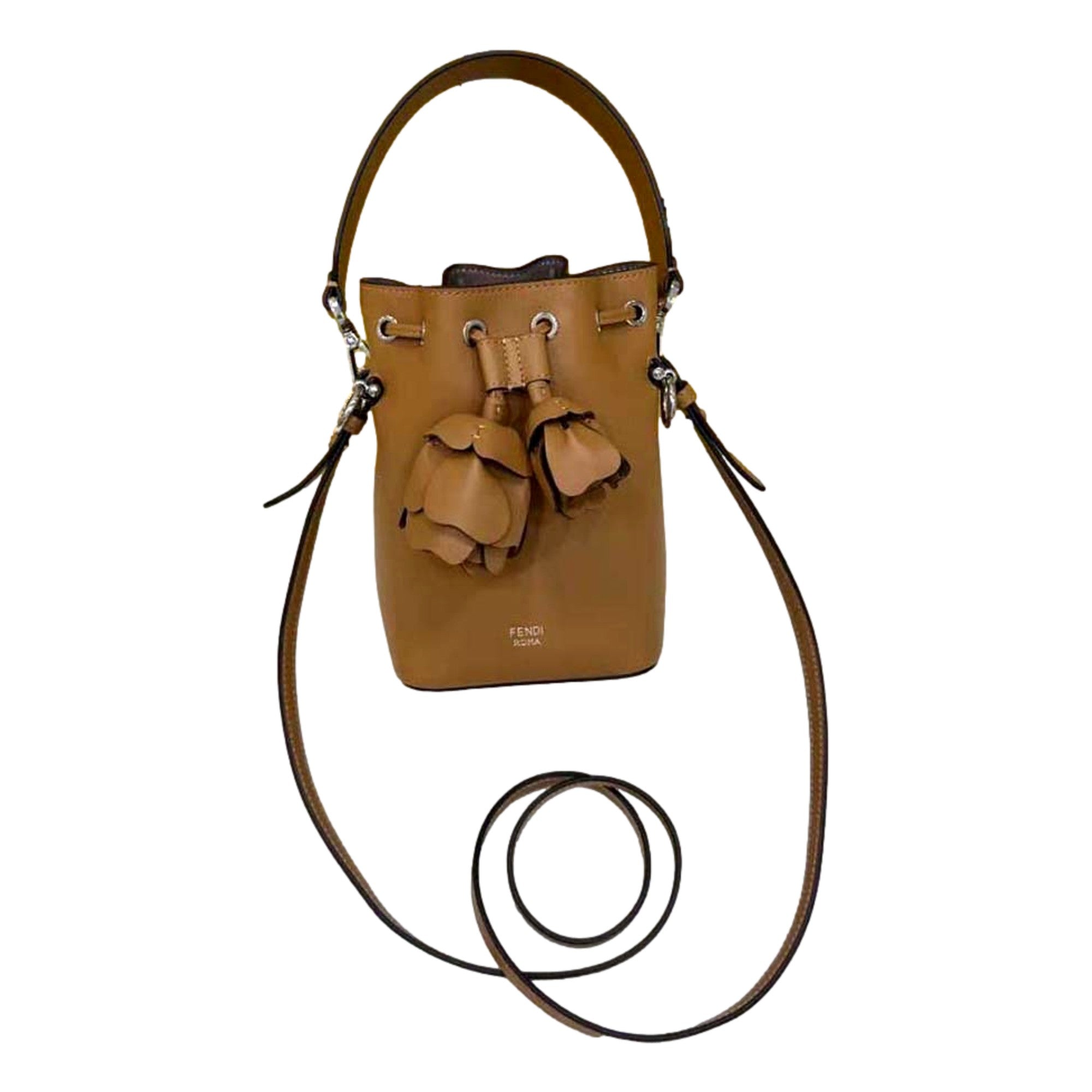 Mini Brown Bucket Bag by FENDI - Elegant Calfskin with Floral Accents -   Shop Bags LLC 