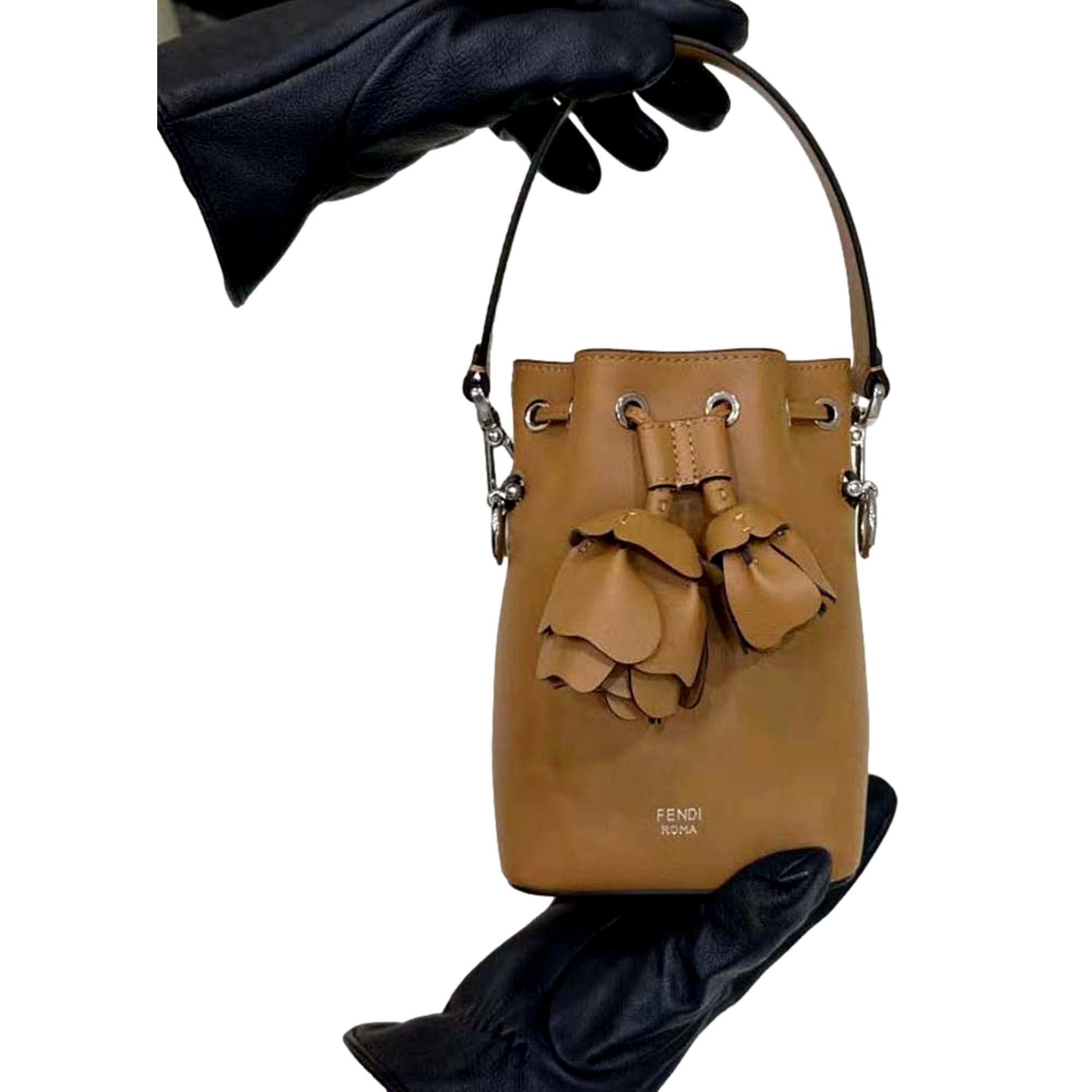 Mini Brown Bucket Bag by FENDI - Elegant Calfskin with Floral Accents -   Shop Bags LLC 