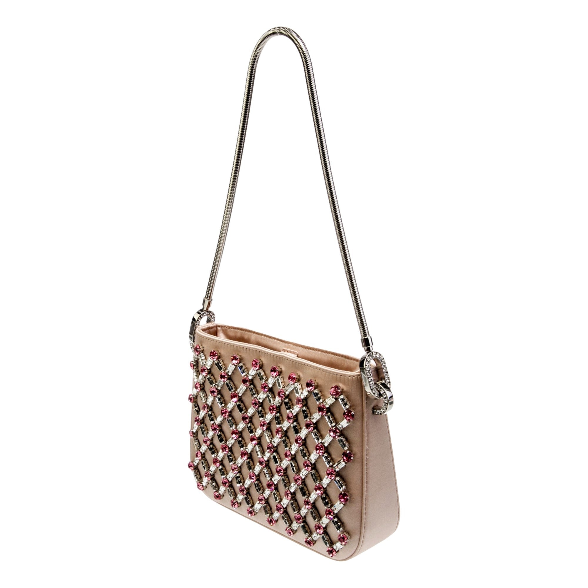 Miu Miu Sassy Handbag: Crystal Embellished Pink Satin Elegance -   Shop Bags LLC