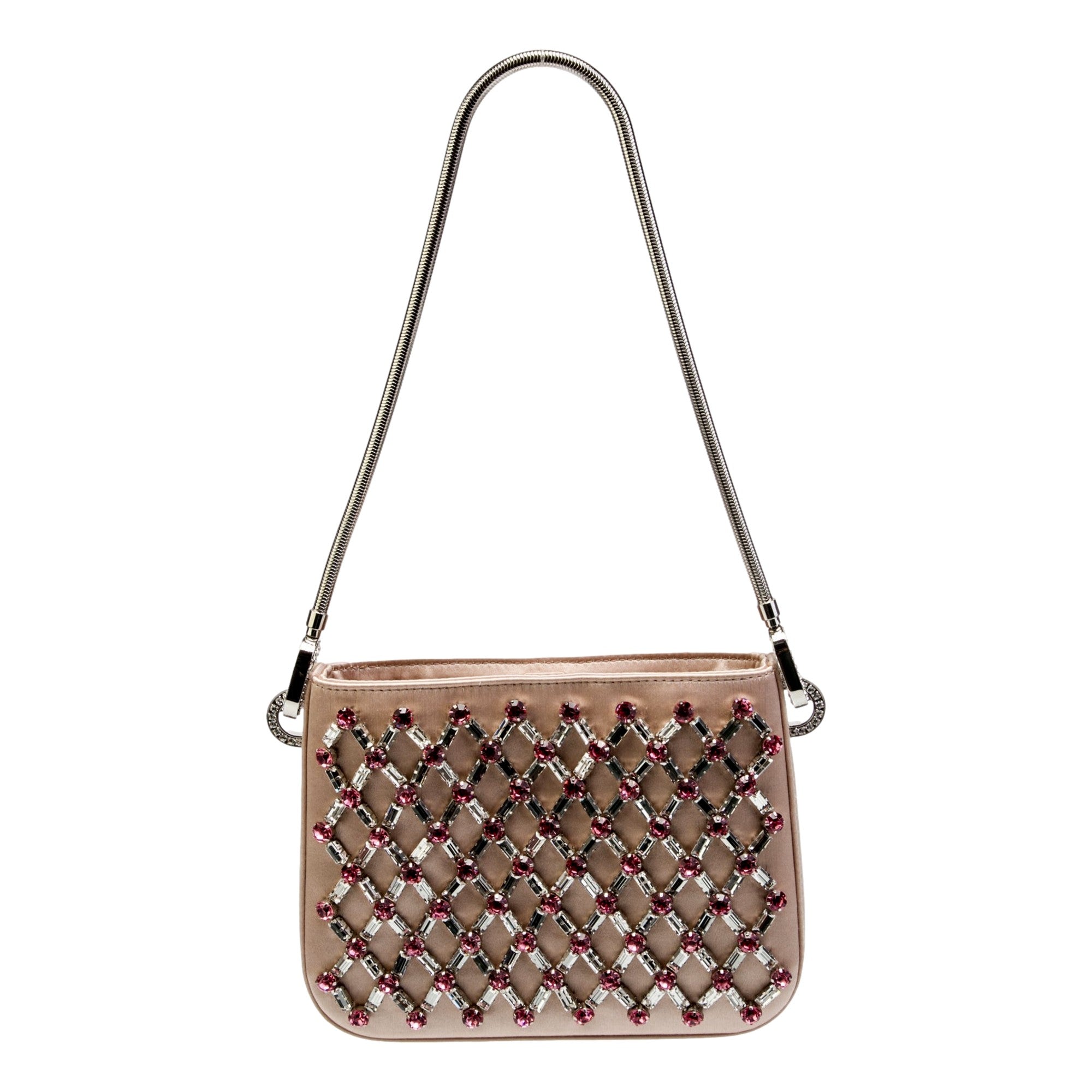 Miu Miu Sassy Handbag: Crystal Embellished Pink Satin Elegance -   Shop Bags LLC
