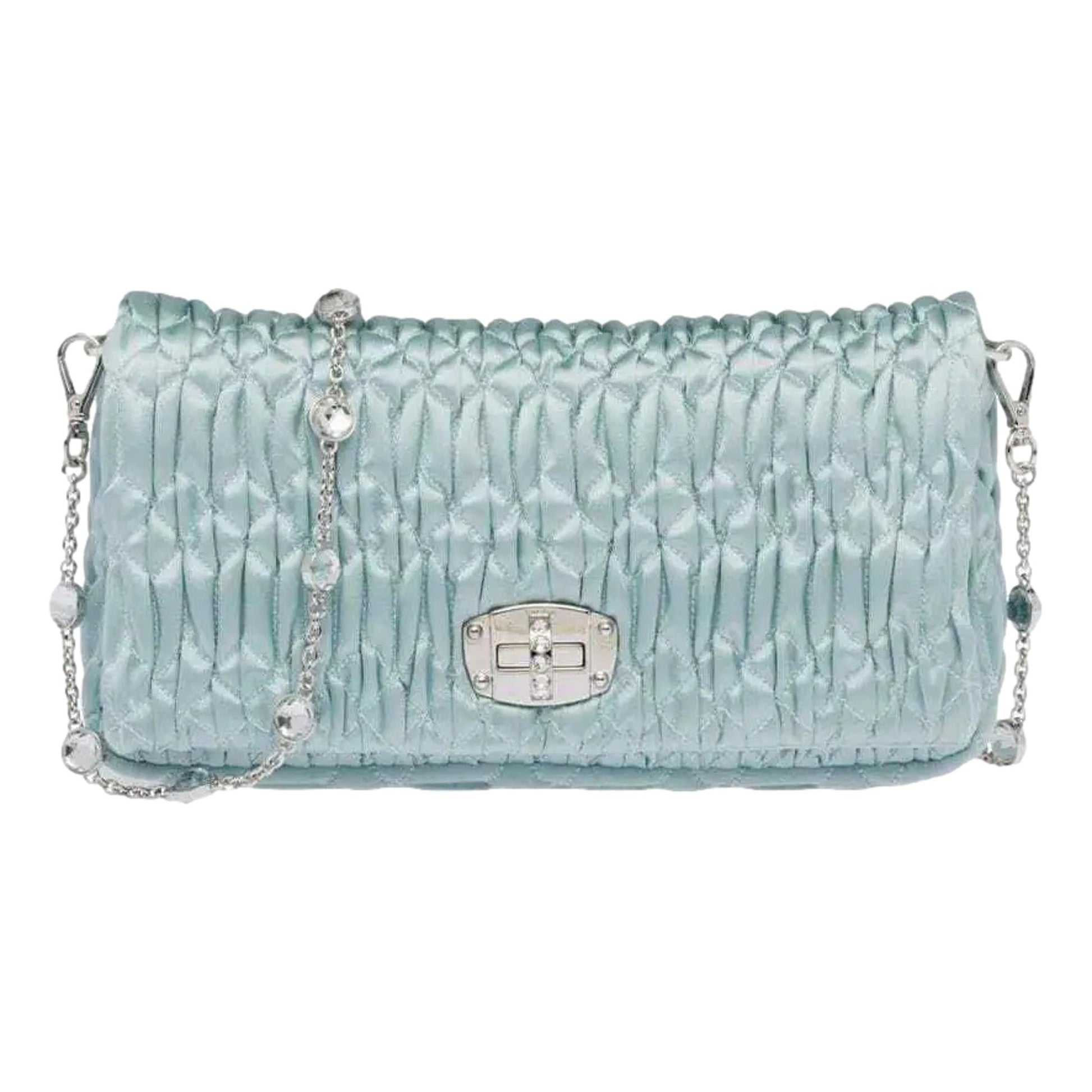Miu Miu Satin Quilted Crystal Embellished Chain Crossbody Bag Sale -   Shop Bags LLC 