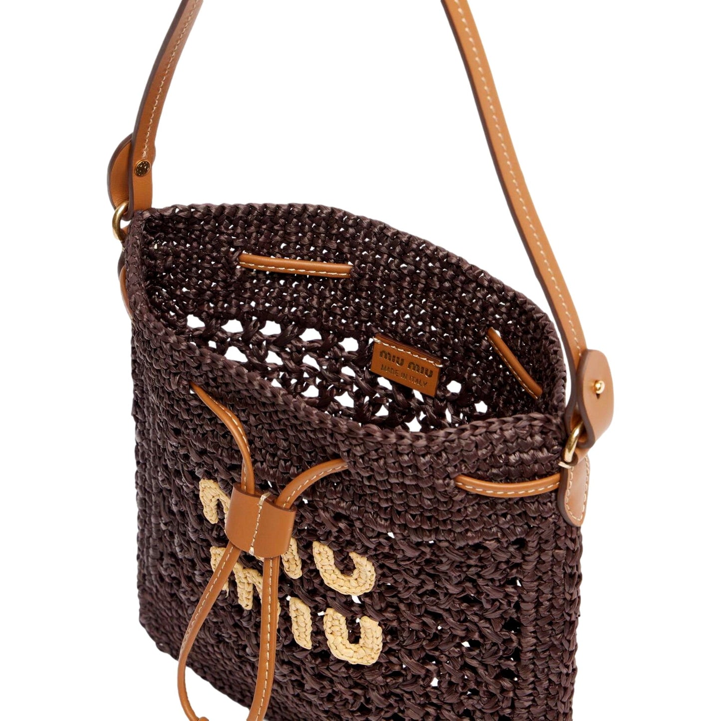 Miu Miu Woven Raffia Mini Bucket Bag in Chocolate Brown -   Shop Bags LLC 