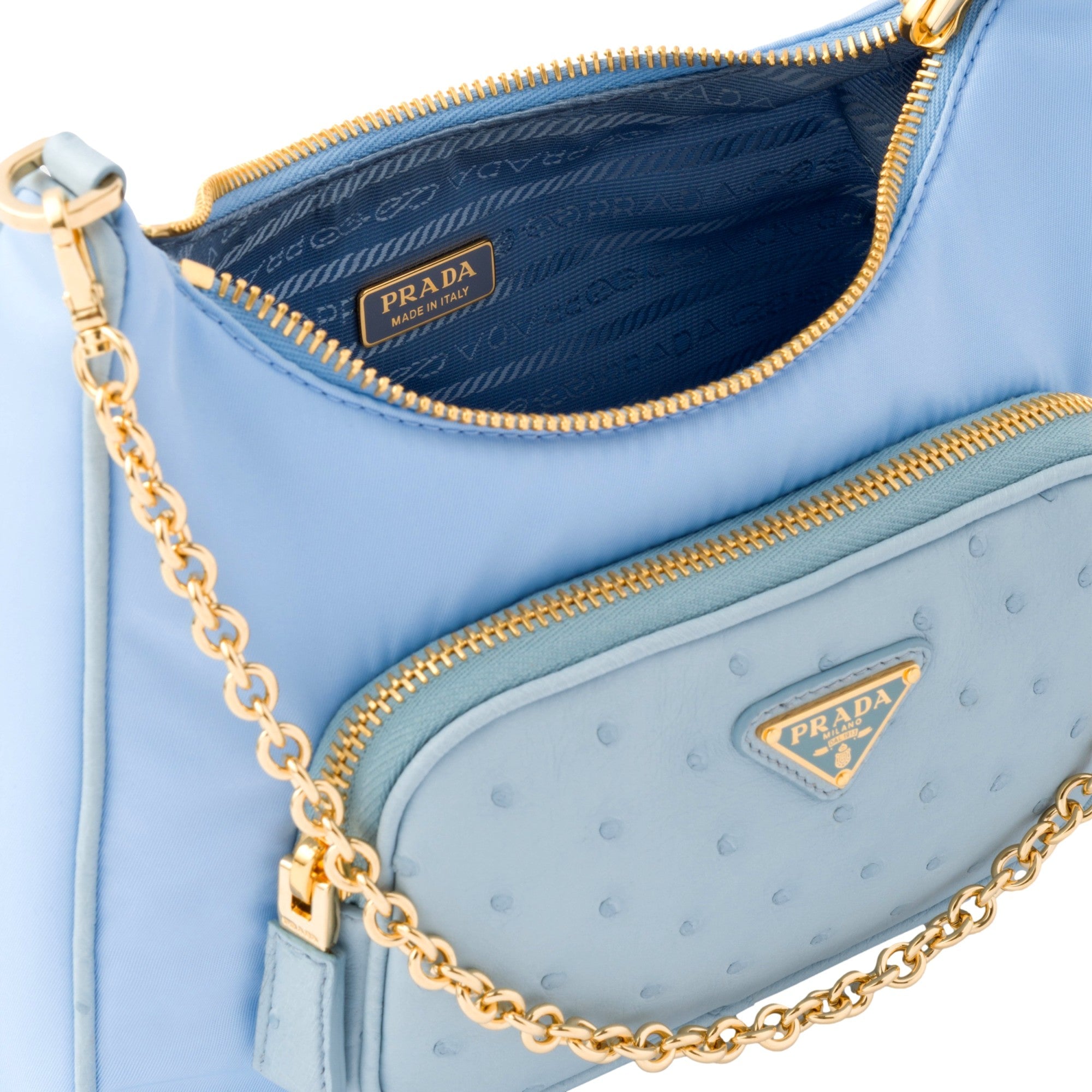 Prada 2Way Tessuto Nylon Cielo Blue Ostrich Leather Shoulder Handbag -   Shop Bags LLC 