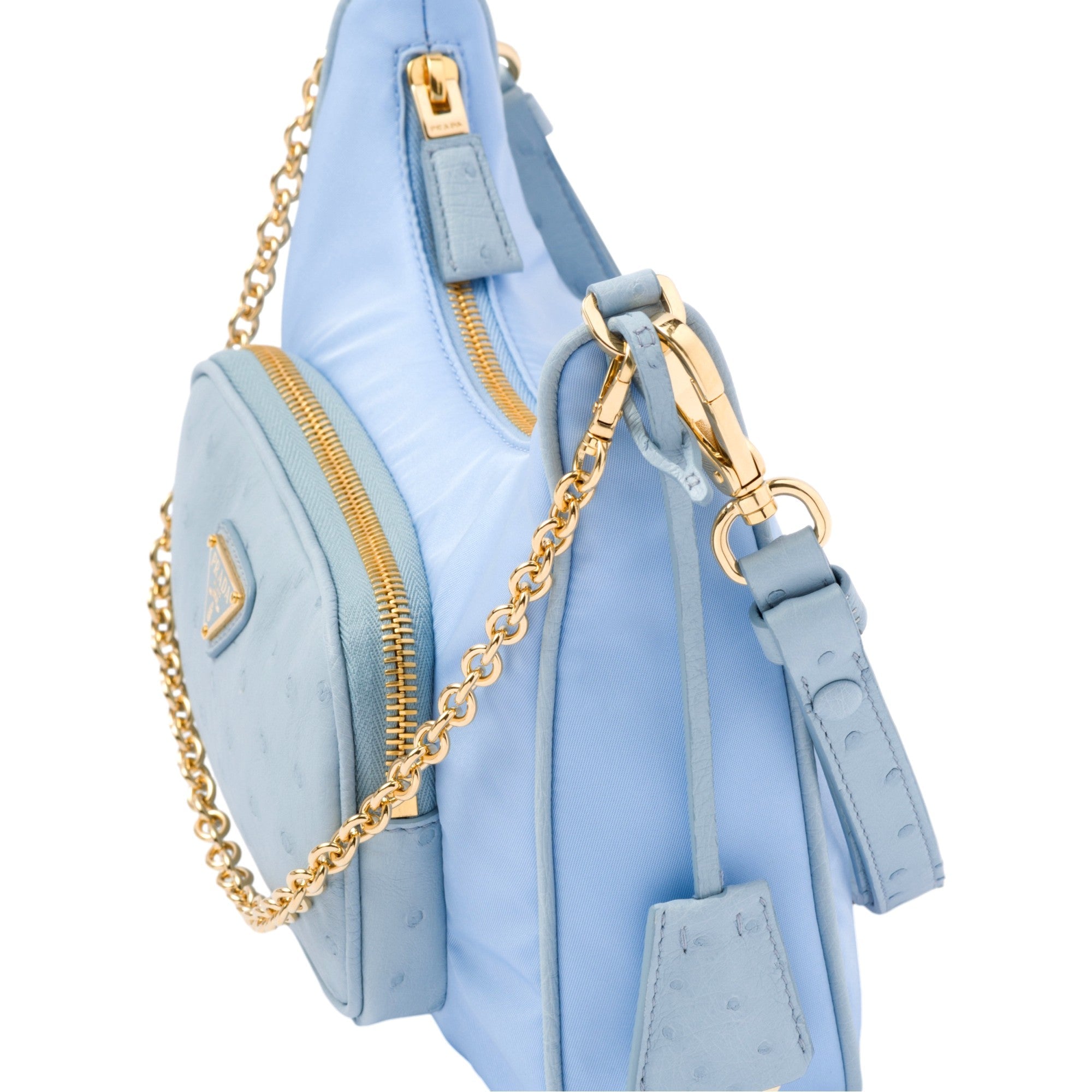 Prada 2Way Tessuto Nylon Cielo Blue Ostrich Leather Shoulder Handbag -   Shop Bags LLC 