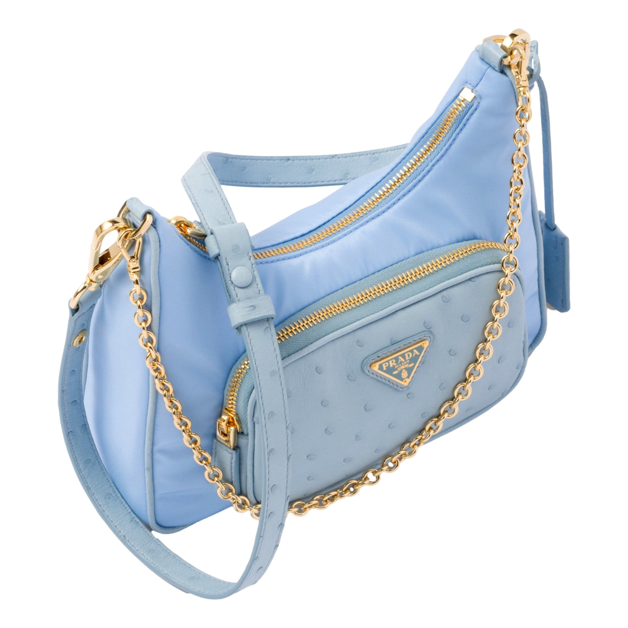 Prada 2Way Tessuto Nylon Cielo Blue Ostrich Leather Shoulder Handbag -   Shop Bags LLC 