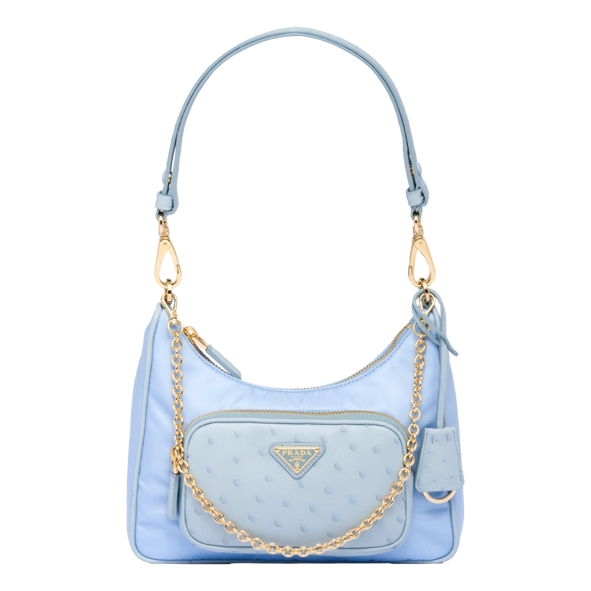 Prada 2Way Tessuto Nylon Cielo Blue Ostrich Leather Shoulder Handbag -   Shop Bags LLC 