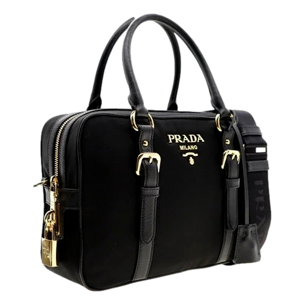 Prada Bauletto Tessuto Nylon Saffiano Black Satchel Handbag Handbags -   Shop Bags LLC