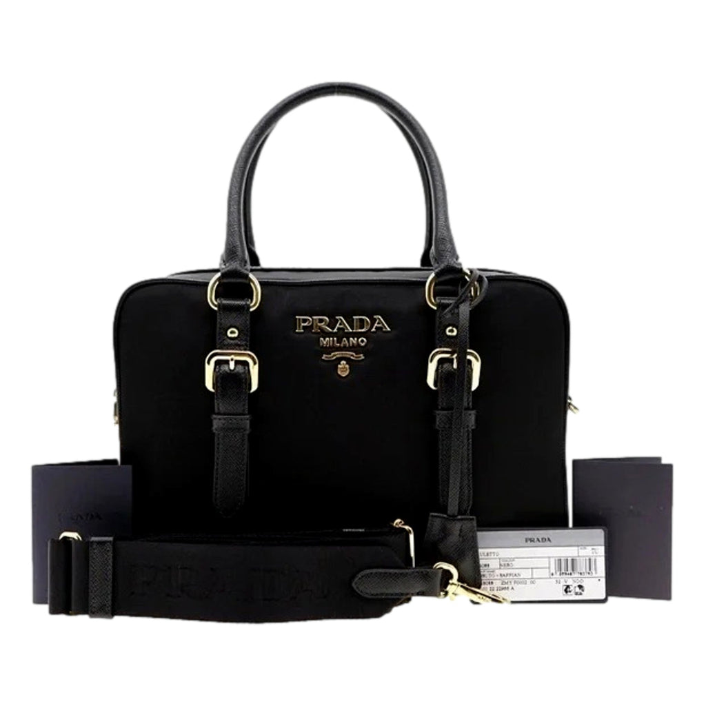 Prada Bauletto Tessuto Nylon Saffiano Black Satchel Handbag Handbags -   Shop Bags LLC