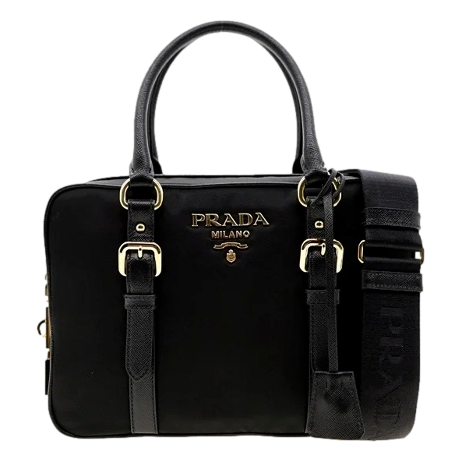 Prada Bauletto Tessuto Nylon Saffiano Black Satchel Handbag Handbags -   Shop Bags LLC
