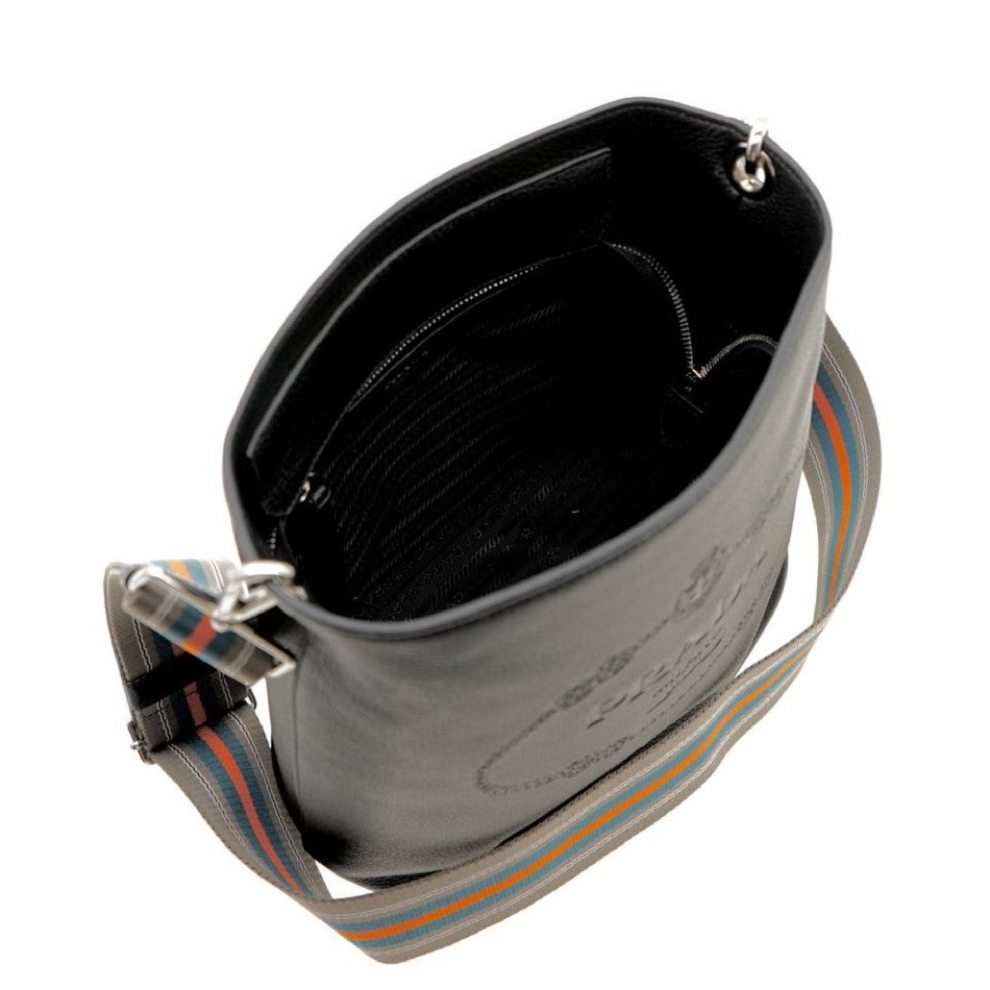 Prada Black Leather Bucket Bag - Stylish Crossbody & Web Strap -   Shop Bags LLC 
