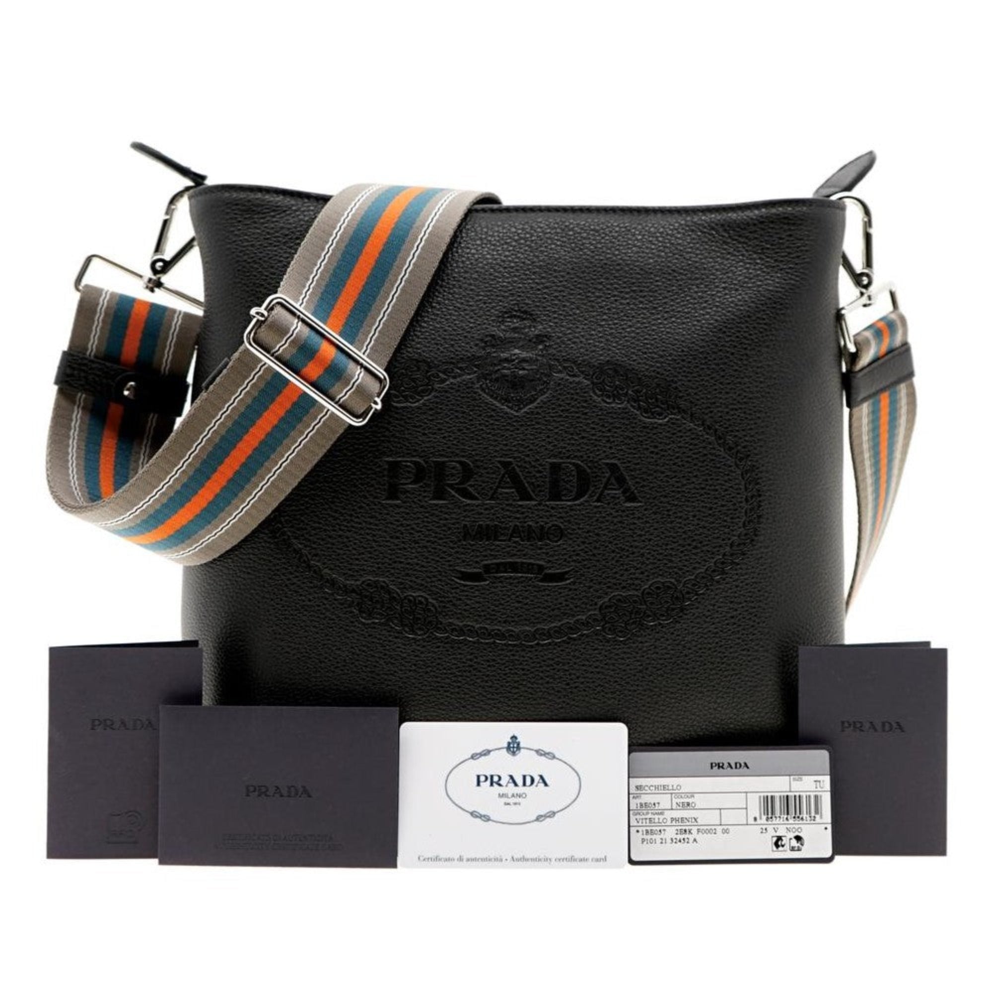 Prada Black Leather Bucket Bag - Stylish Crossbody & Web Strap -   Shop Bags LLC 