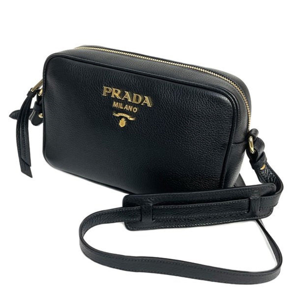 Prada Black Leather Camera Bag - Chic Crossbody with Gold Logo -   Shop Bags LLC