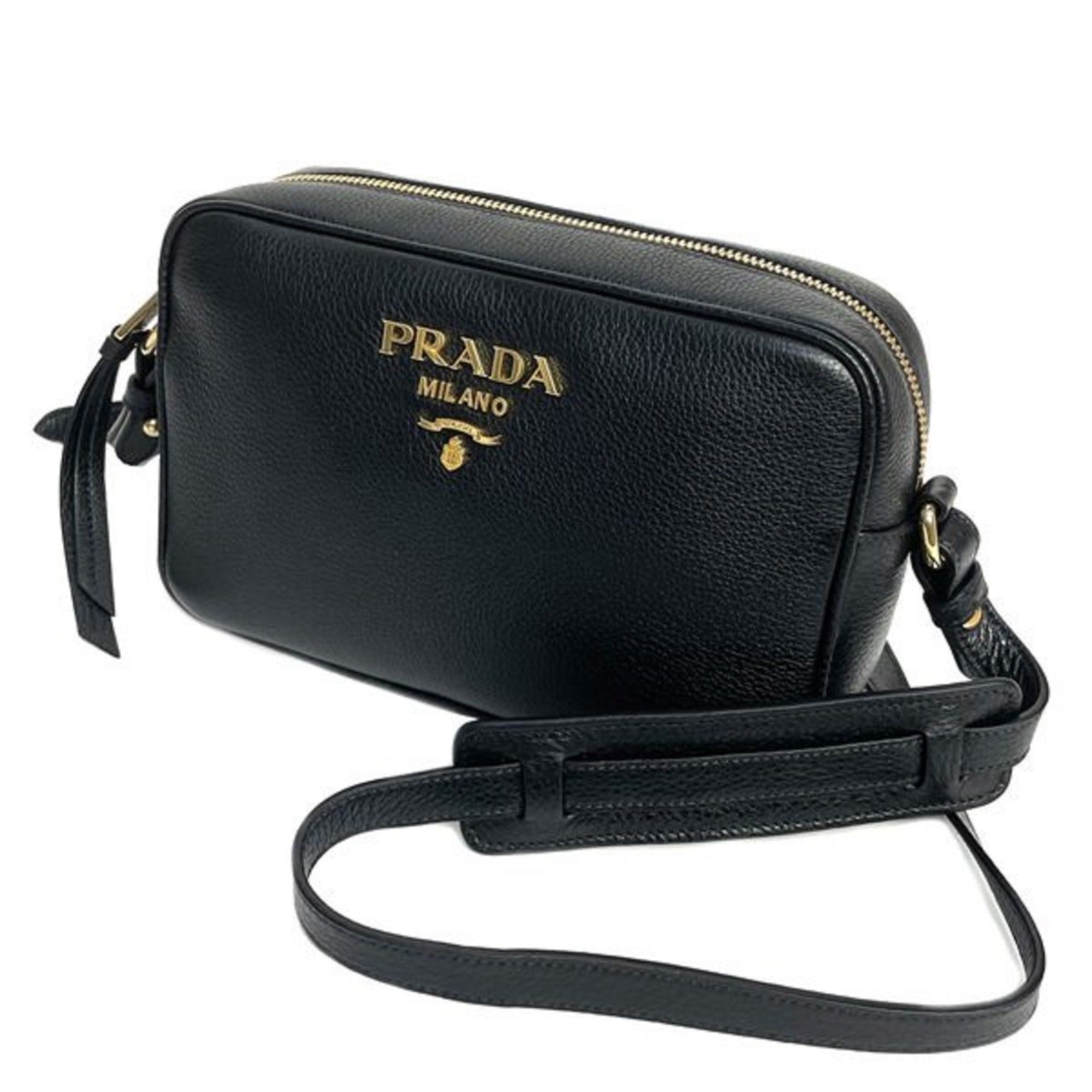 Prada Black Leather Camera Bag - Chic Crossbody with Gold Logo -   Shop Bags LLC