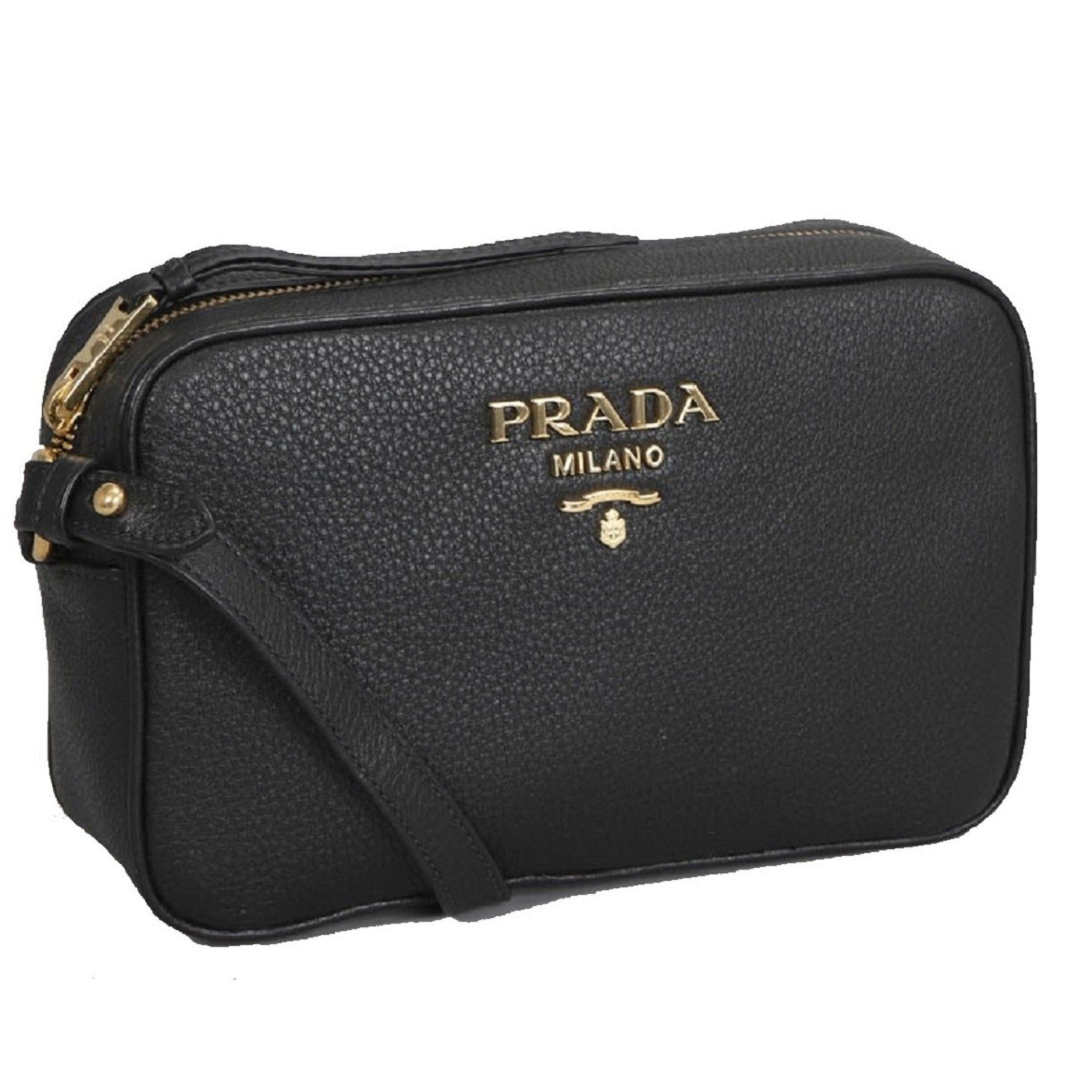 Prada Black Leather Camera Bag - Chic Crossbody with Gold Logo -   Shop Bags LLC