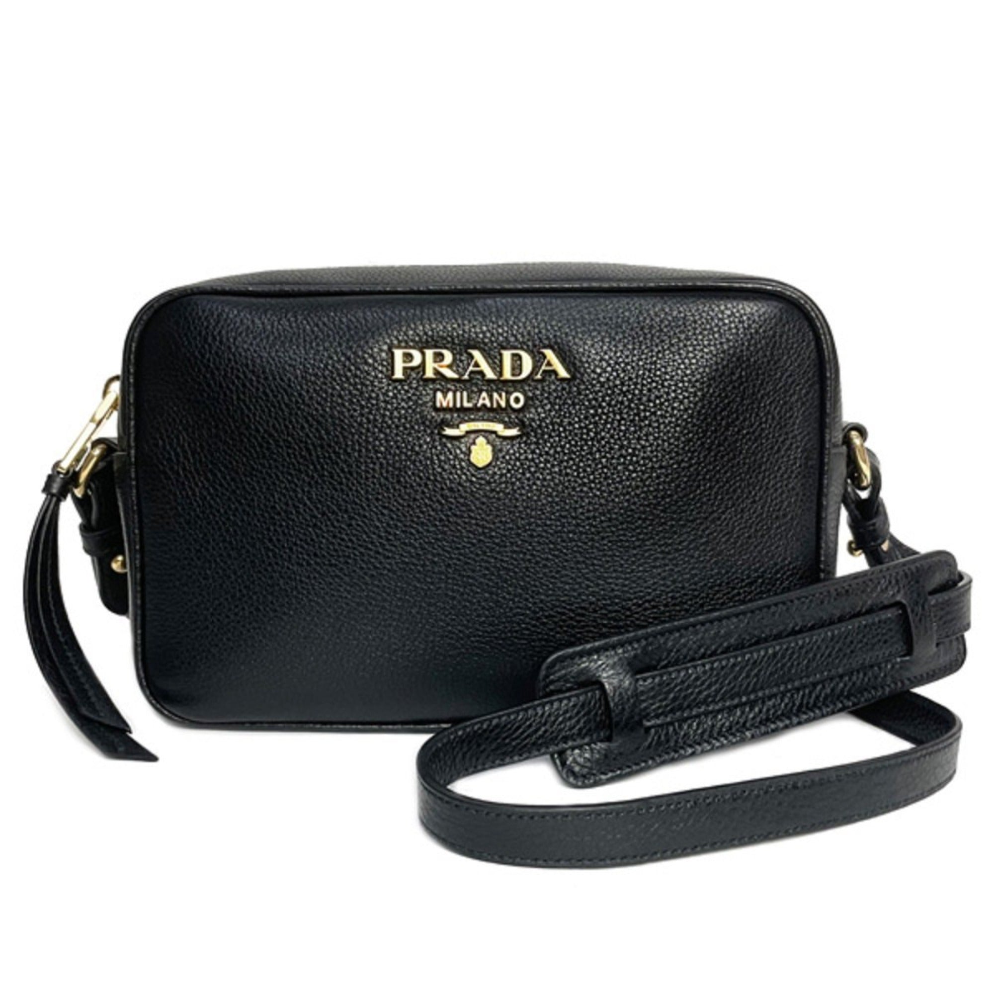 Prada Black Leather Camera Bag - Chic Crossbody with Gold Logo -   Shop Bags LLC