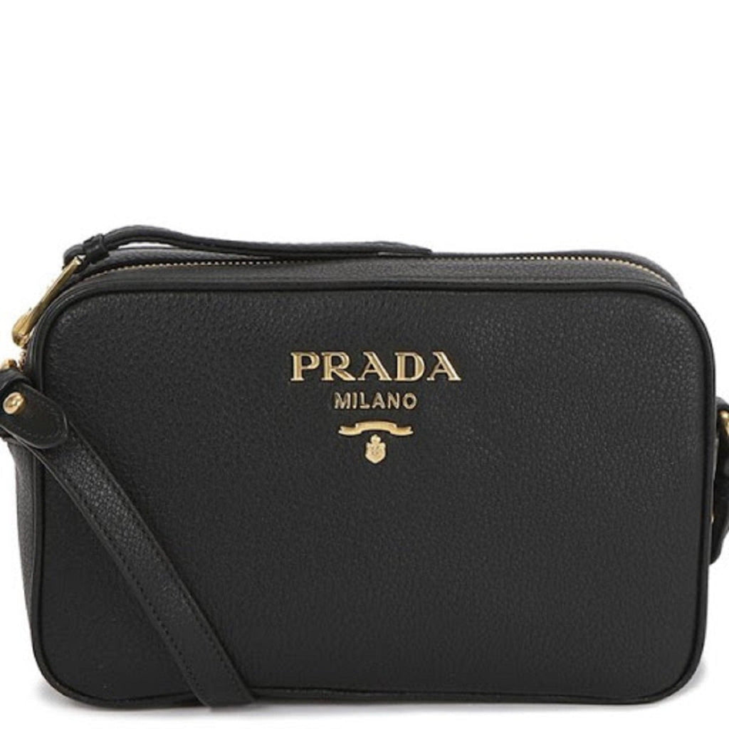 Prada Black Leather Camera Bag - Chic Crossbody with Gold Logo -   Shop Bags LLC