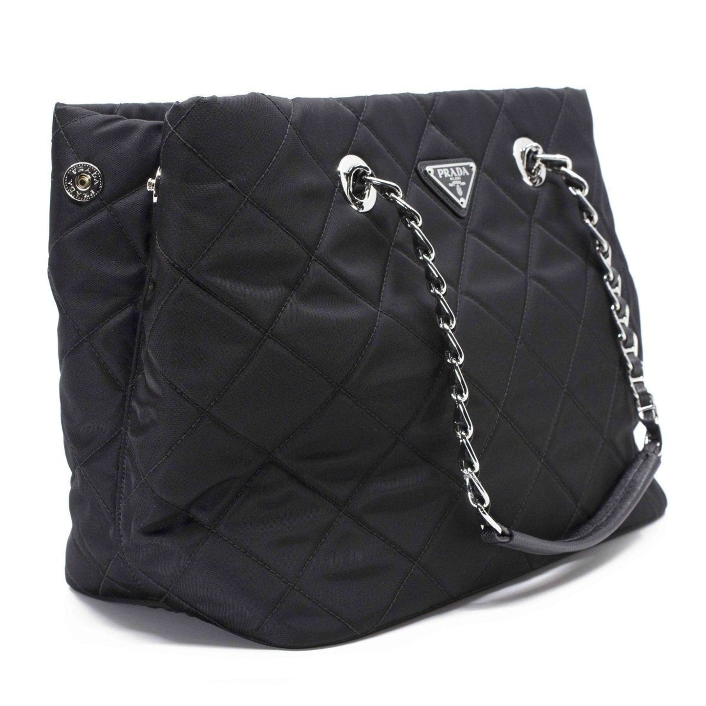 Prada Black Quilted Tessuto Tote - Stylish Nylon Chain Shoulder Bag -   Shop Bags LLC