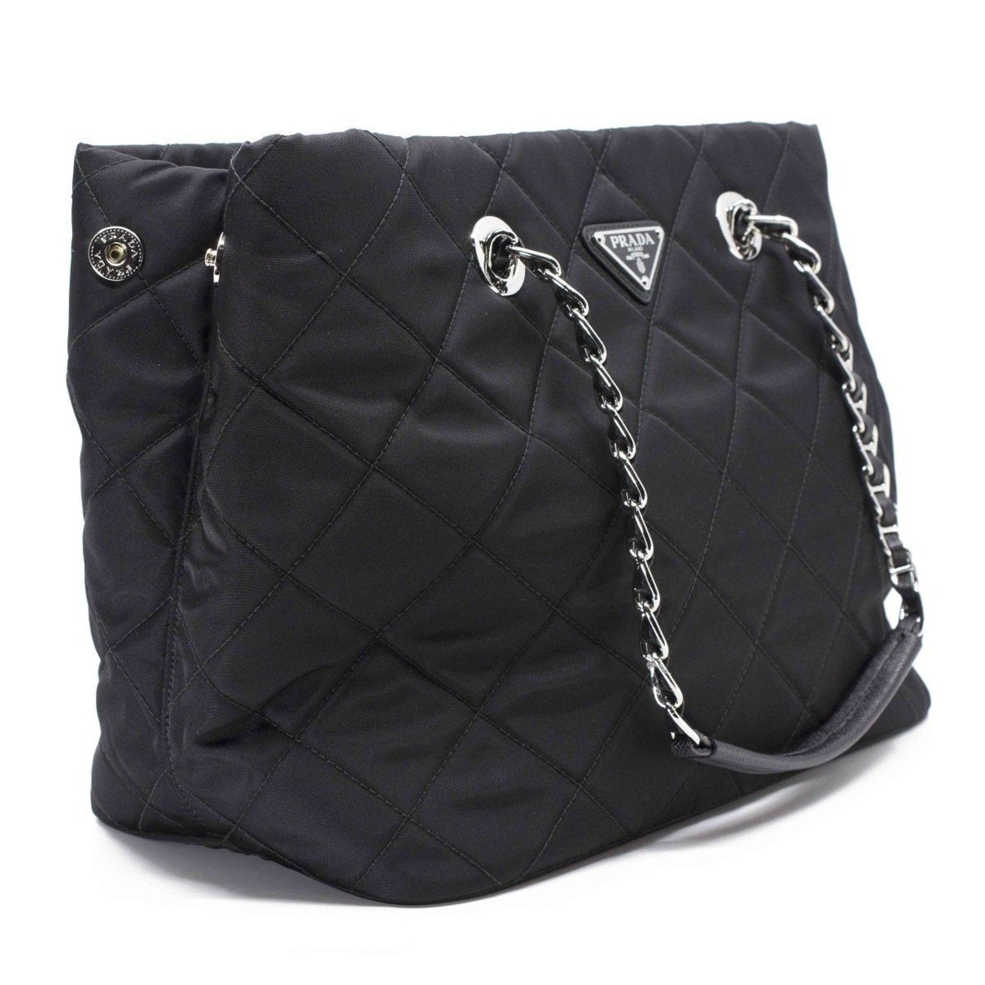 Prada Black Quilted Tessuto Tote - Stylish Nylon Chain Shoulder Bag -   Shop Bags LLC