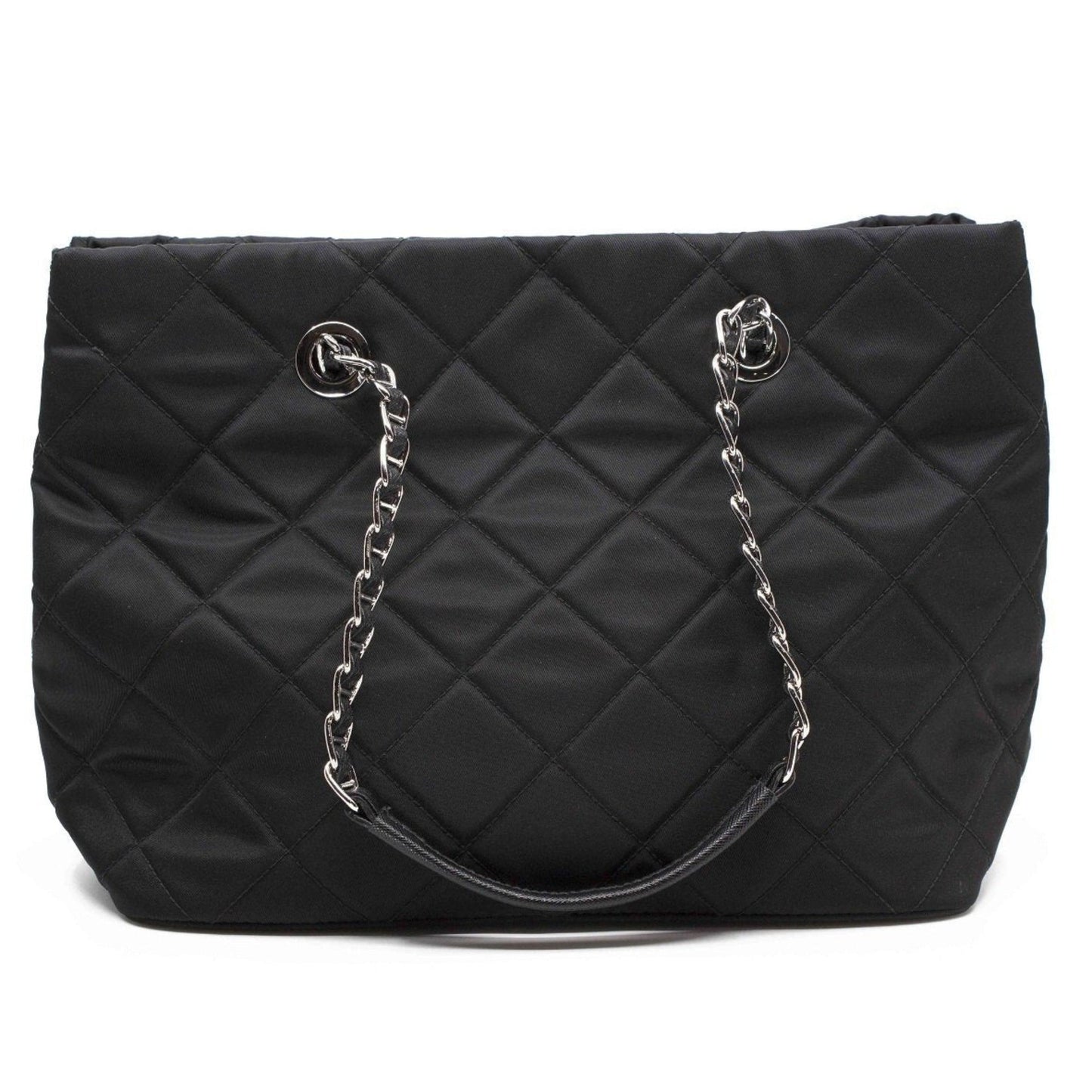 Prada Black Quilted Tessuto Tote - Stylish Nylon Chain Shoulder Bag -   Shop Bags LLC