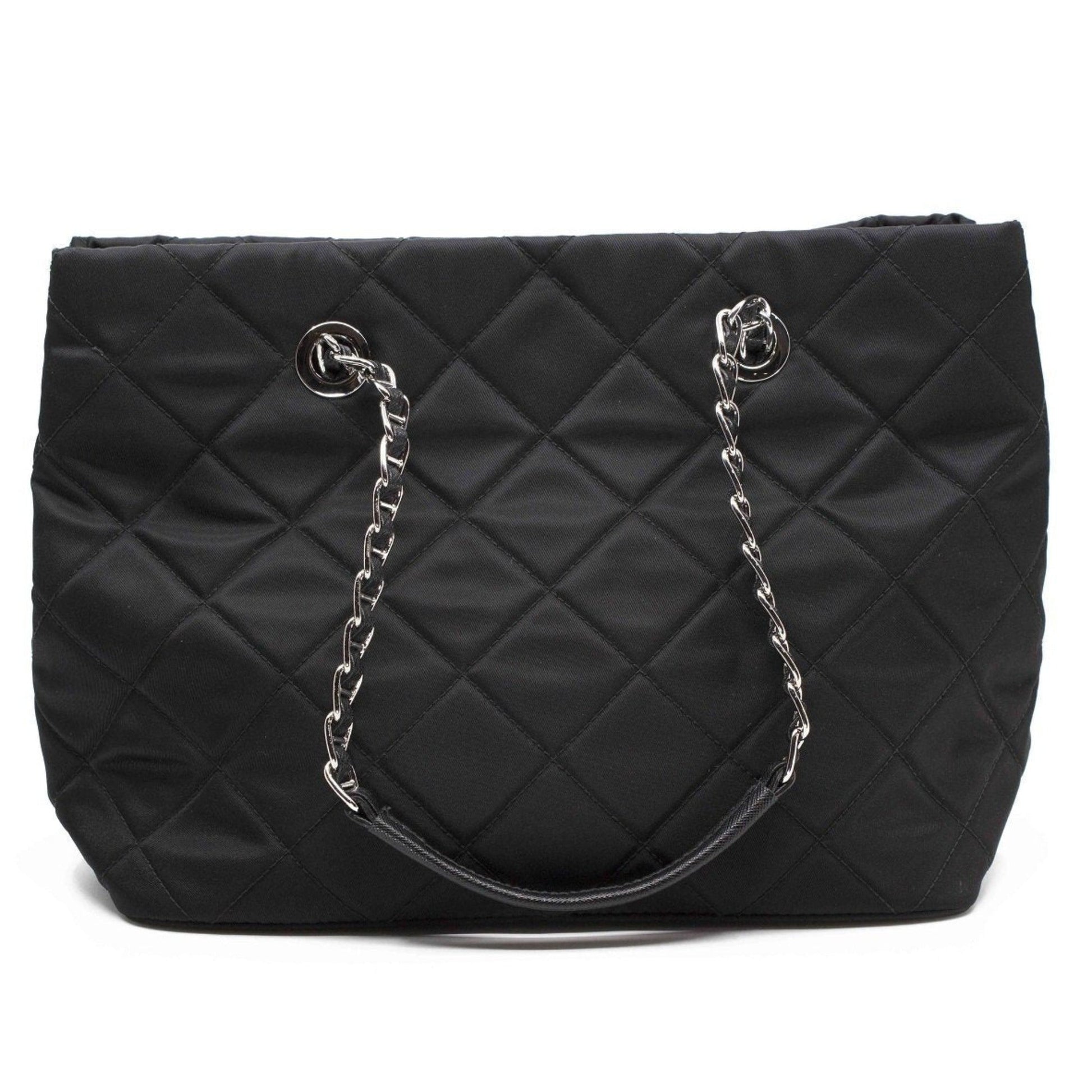 Prada Black Quilted Tessuto Tote - Stylish Nylon Chain Shoulder Bag -   Shop Bags LLC