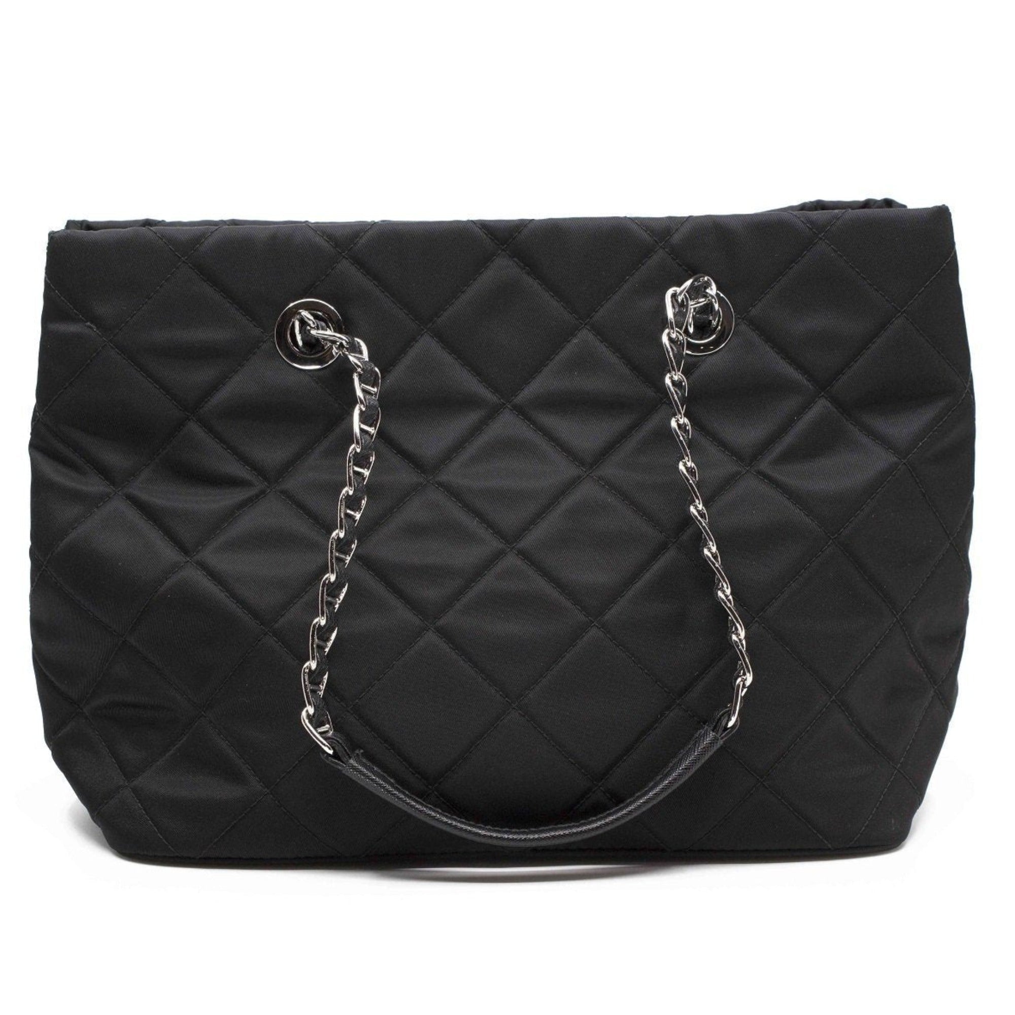 Prada Black Quilted Tessuto Tote - Stylish Nylon Chain Shoulder Bag -   Shop Bags LLC