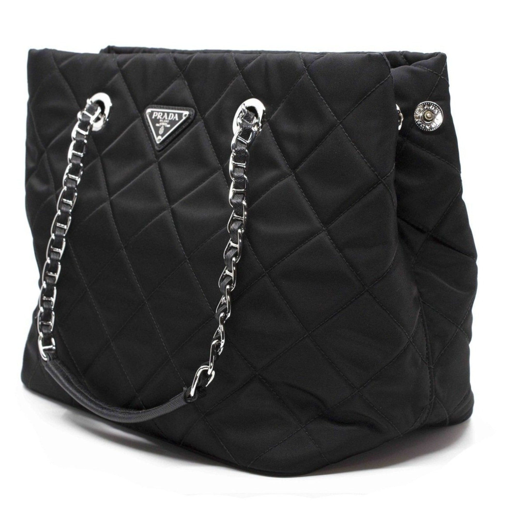 Prada Black Quilted Tessuto Tote - Stylish Nylon Chain Shoulder Bag -   Shop Bags LLC