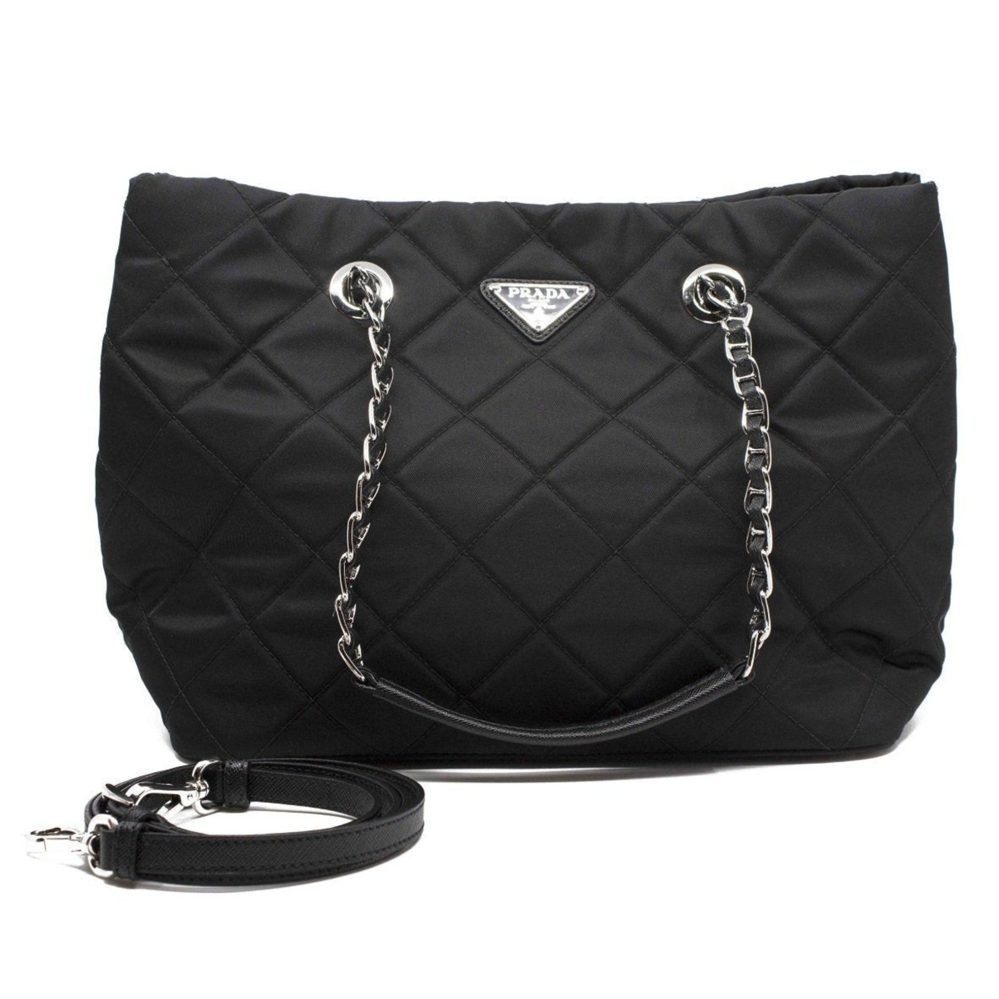 Prada Black Quilted Tessuto Tote - Stylish Nylon Chain Shoulder Bag -   Shop Bags LLC
