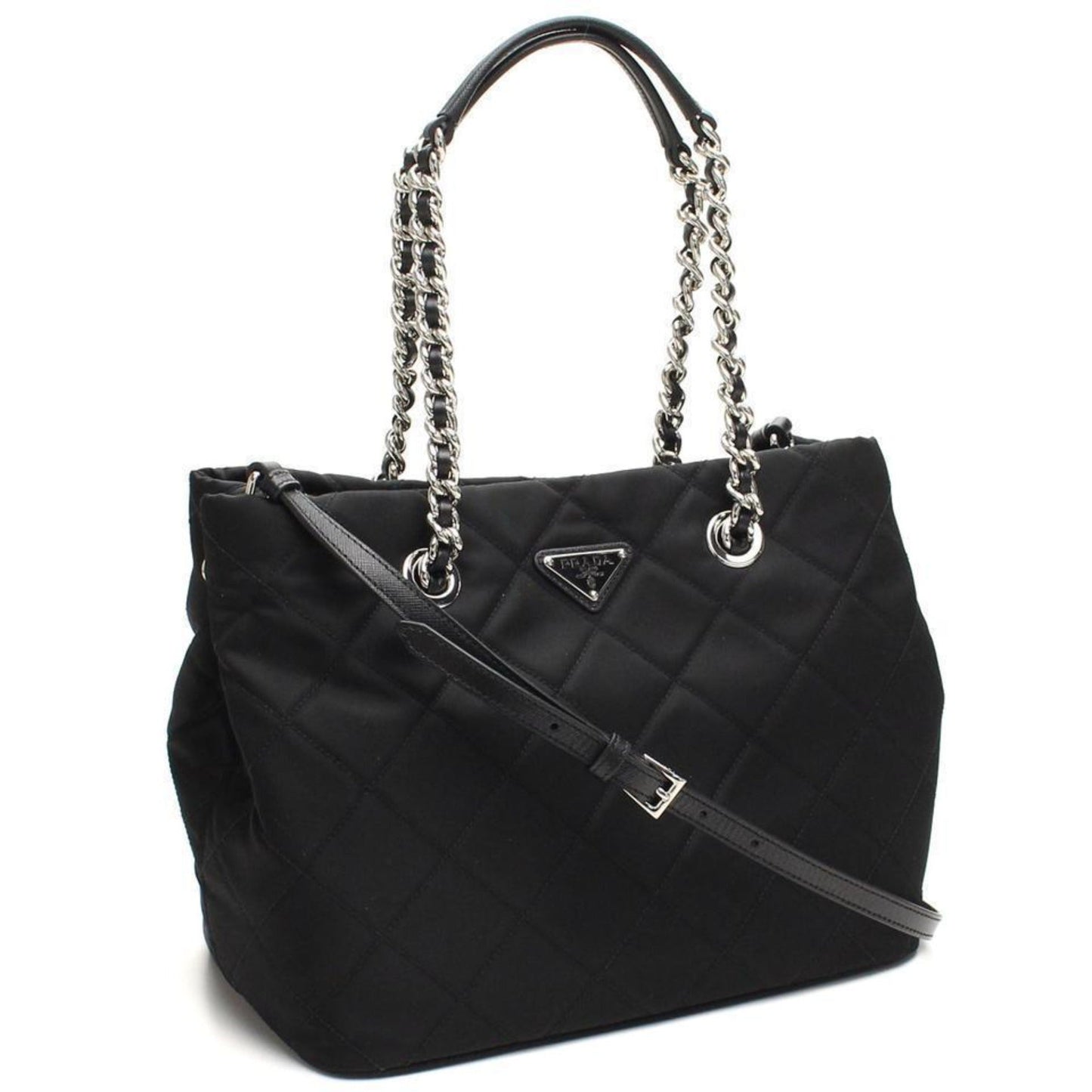 Prada Black Quilted Tessuto Tote - Stylish Nylon Chain Shoulder Bag -   Shop Bags LLC