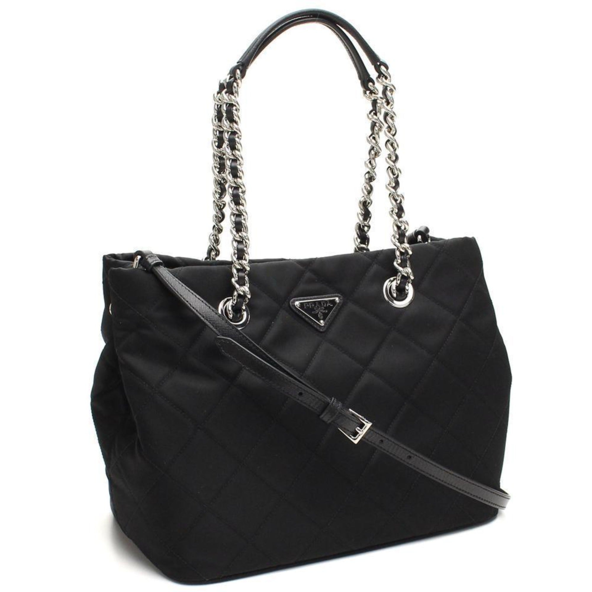 Prada Black Quilted Tessuto Tote - Stylish Nylon Chain Shoulder Bag -   Shop Bags LLC