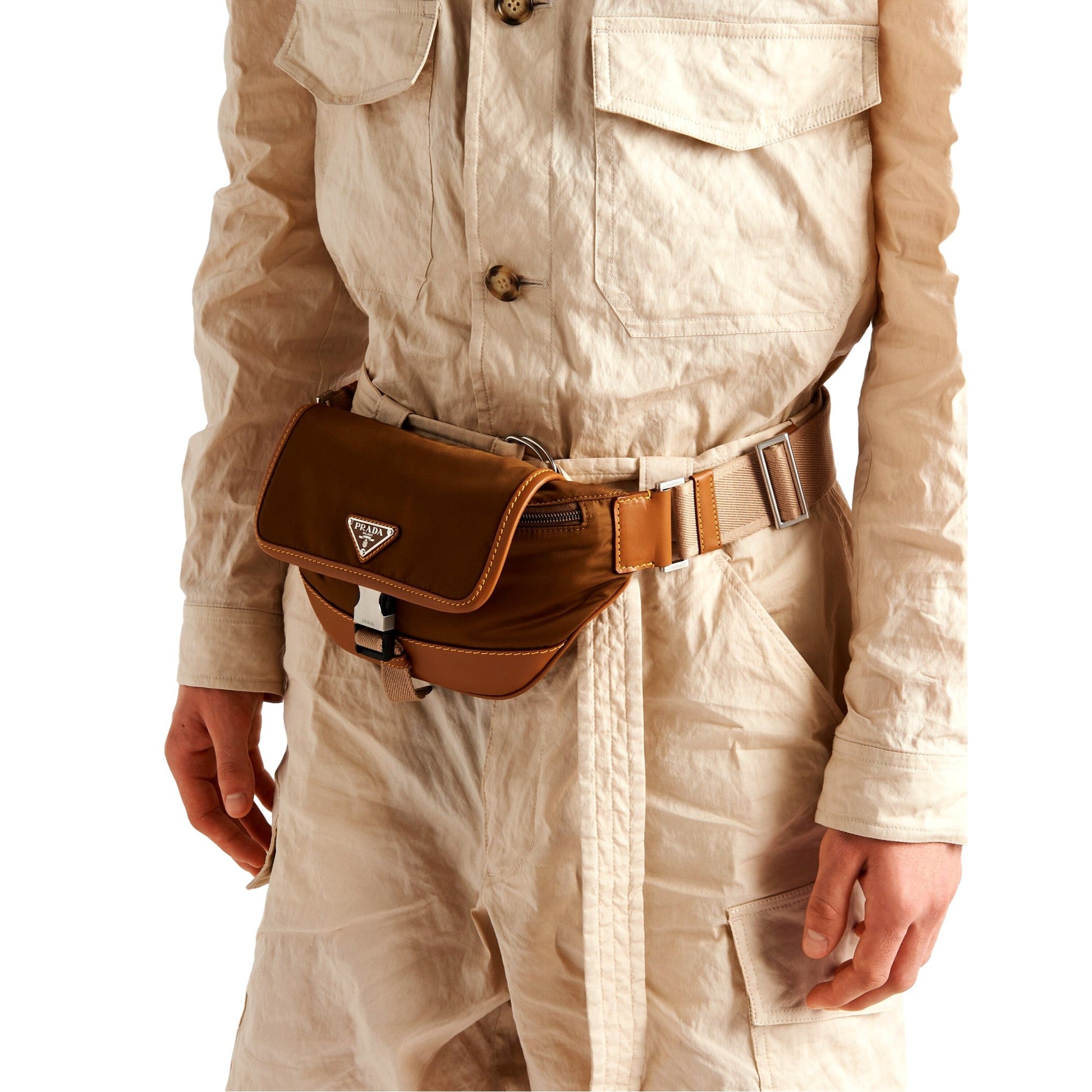 Prada Brown Nylon Leather Trim Belt Bag - Elevate Your Style