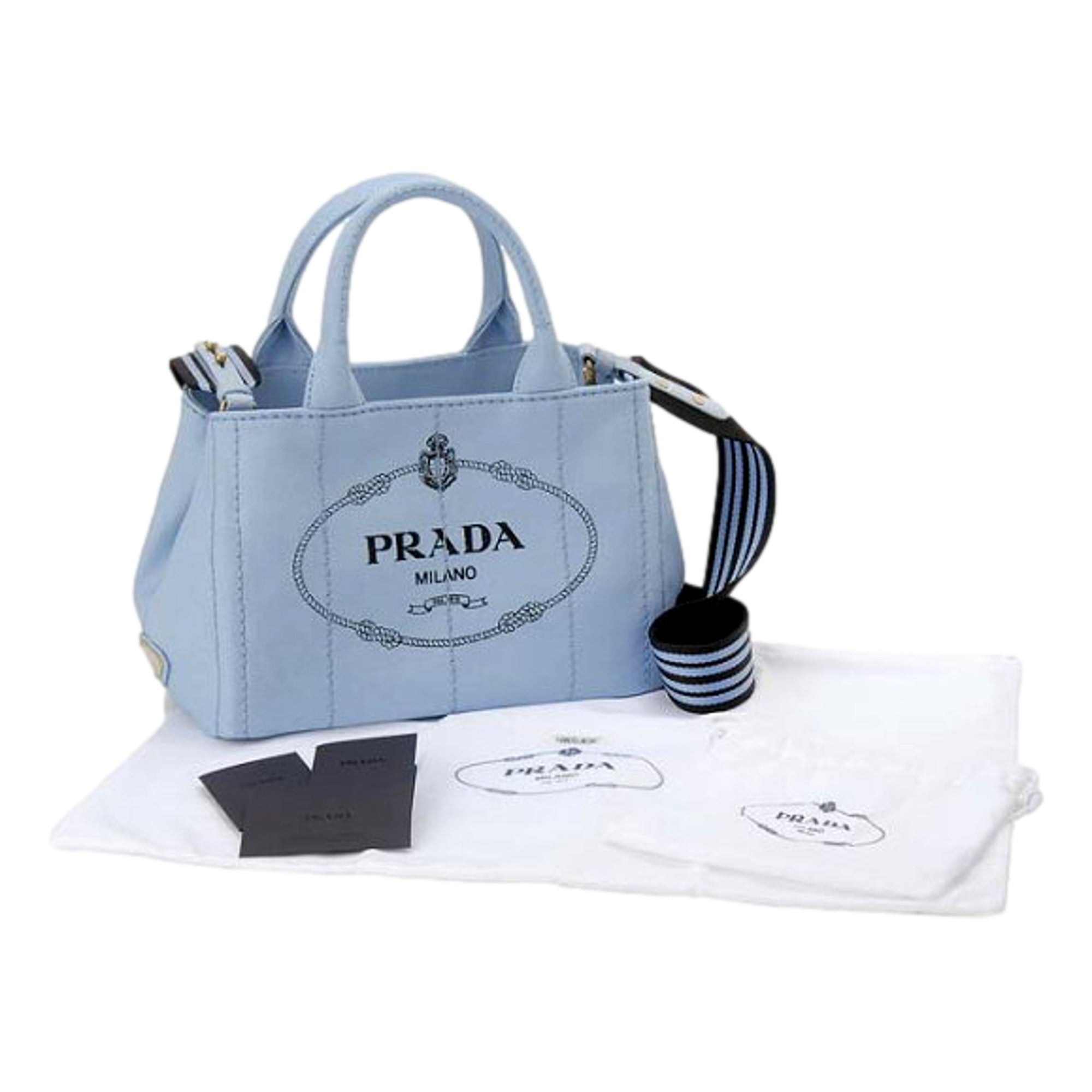 Prada Canapa 2Way Tote: Stylish Blue Black Canvas Elegance -   Shop Bags LLC