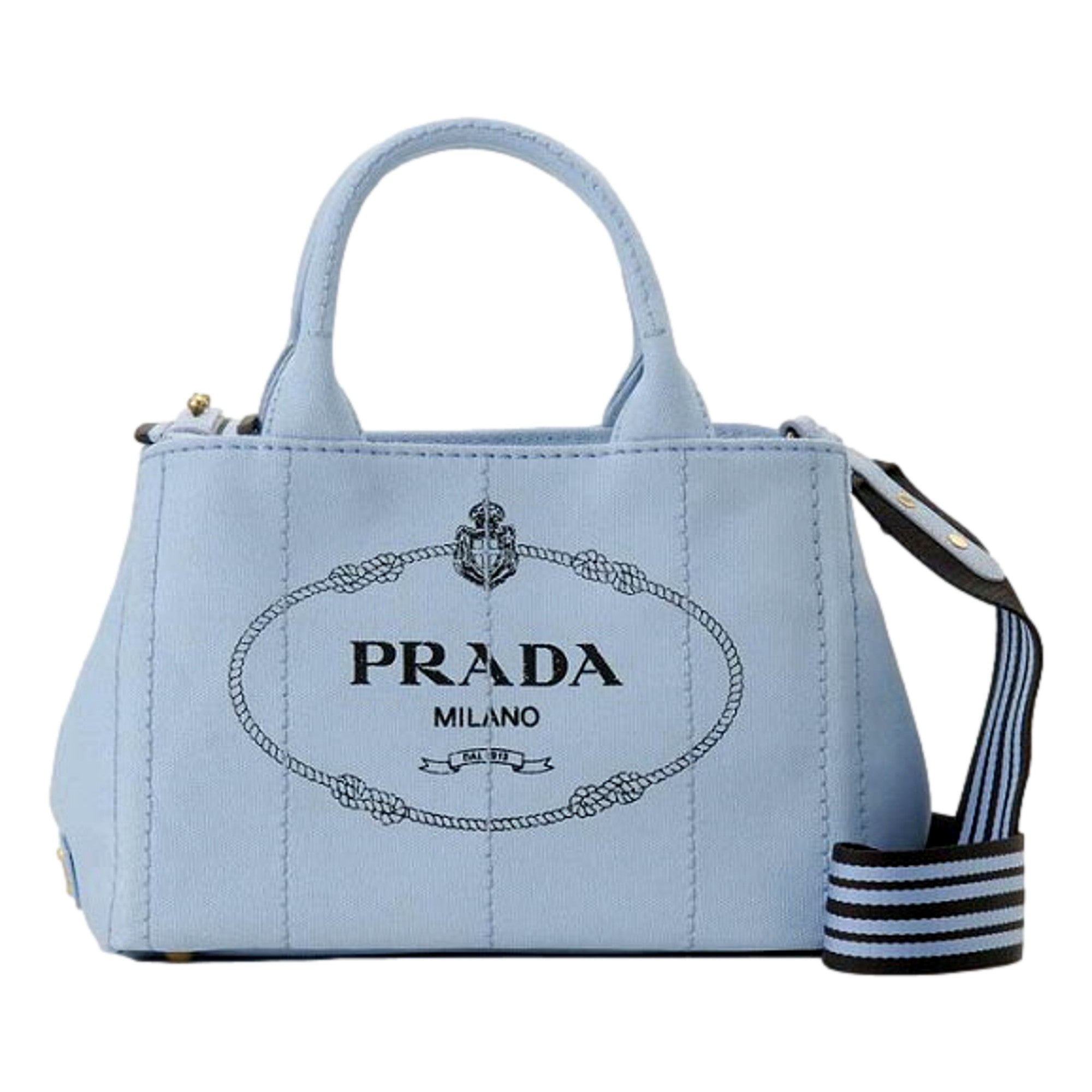 Prada Canapa 2Way Tote: Stylish Blue Black Canvas Elegance -   Shop Bags LLC