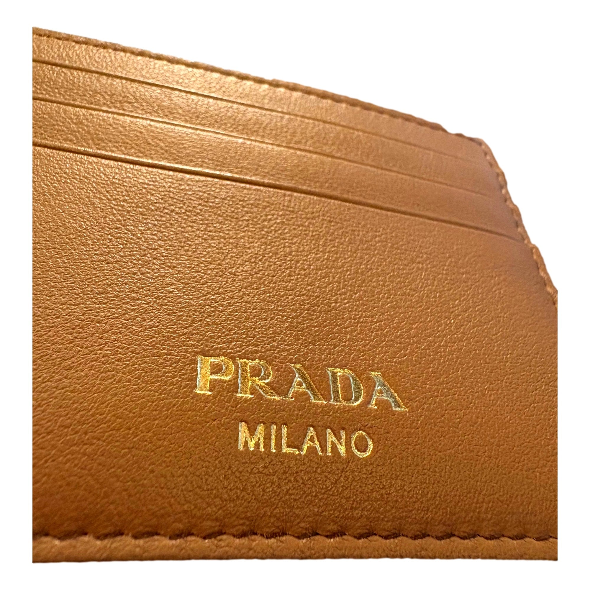 Prada Caramel Leather Card Holder - Gold Logo, 7 Slots, Elegant Design -   Shop Bags LLC