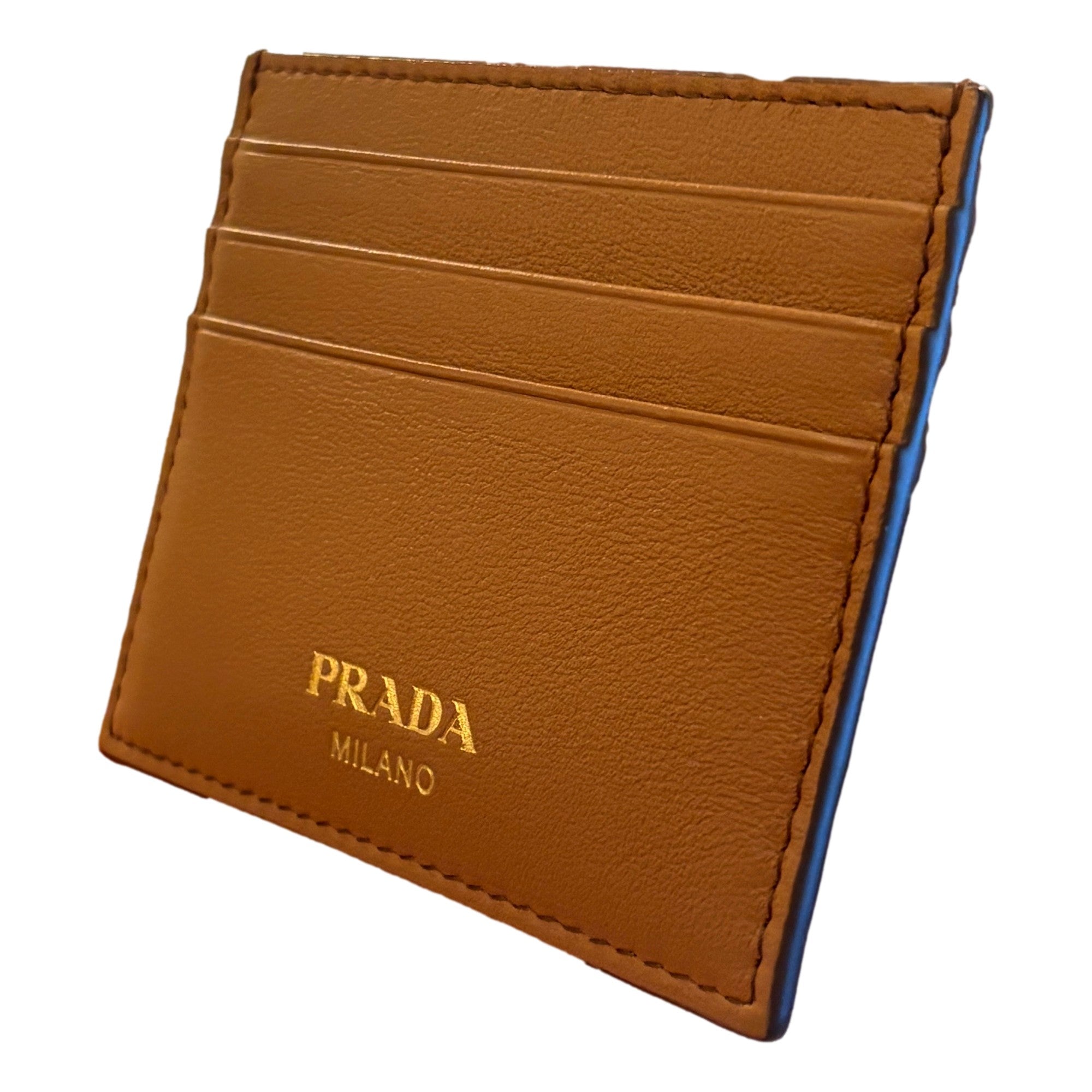 Prada Caramel Leather Card Holder - Gold Logo, 7 Slots, Elegant Design -   Shop Bags LLC