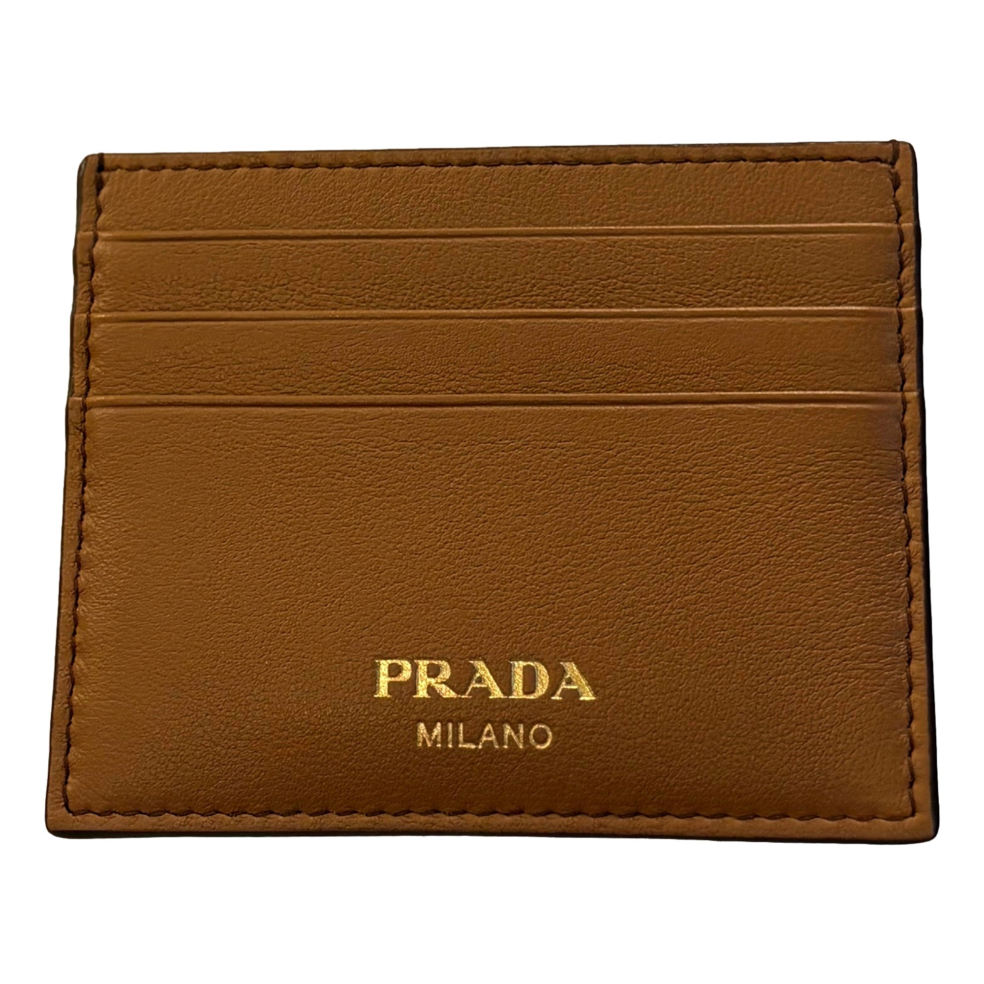Prada Caramel Leather Card Holder - Gold Logo, 7 Slots, Elegant Design -   Shop Bags LLC