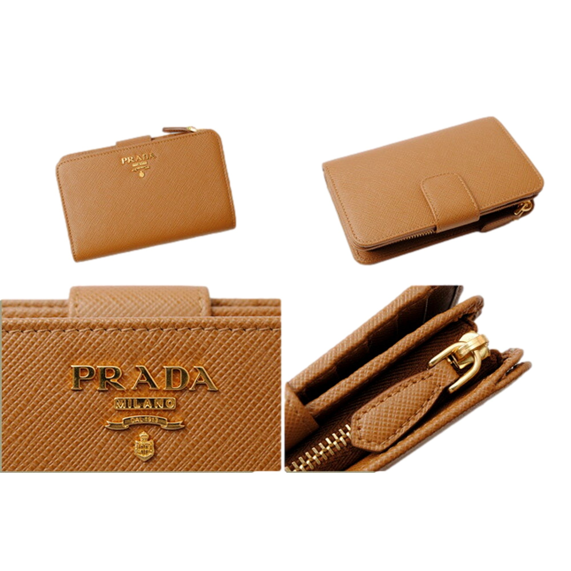 Prada Caramel Saffiano Leather Wallet - Gold Logo, Zipper & Style -   Shop Bags LLC