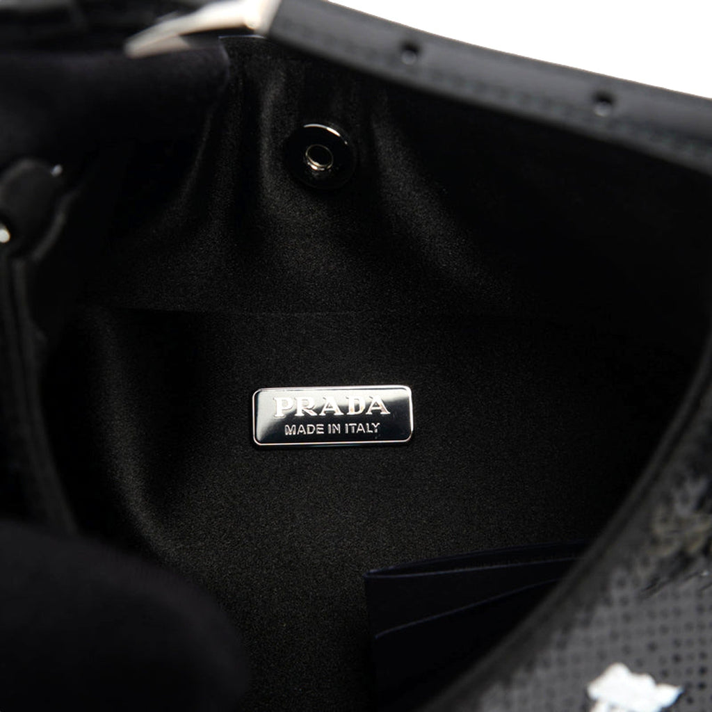 Prada Cleo Black and White Sequin Milano Logo Mini Leather Shoulder Bag -   Shop Bags LLC
