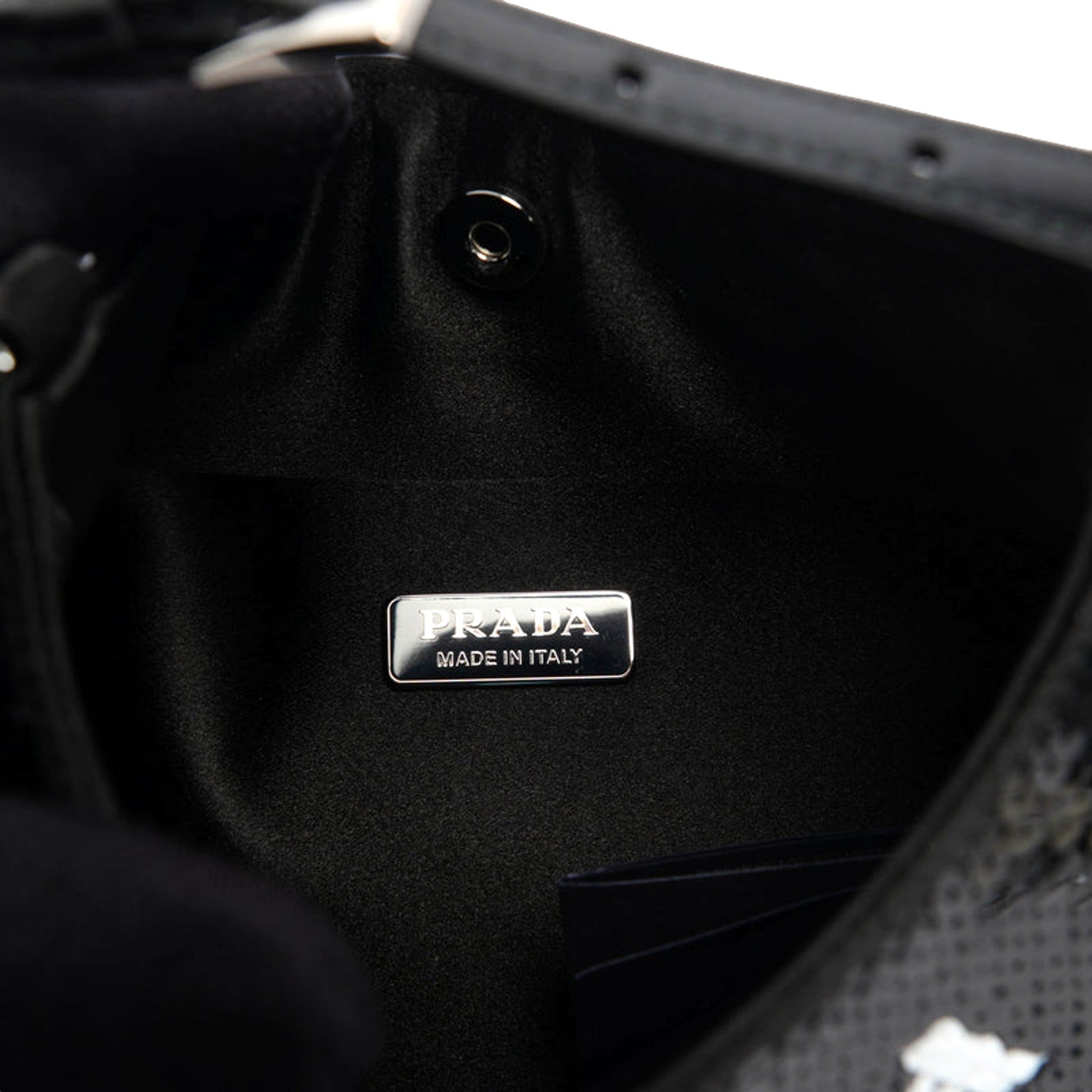 Prada Cleo Black and White Sequin Milano Logo Mini Leather Shoulder Bag -   Shop Bags LLC