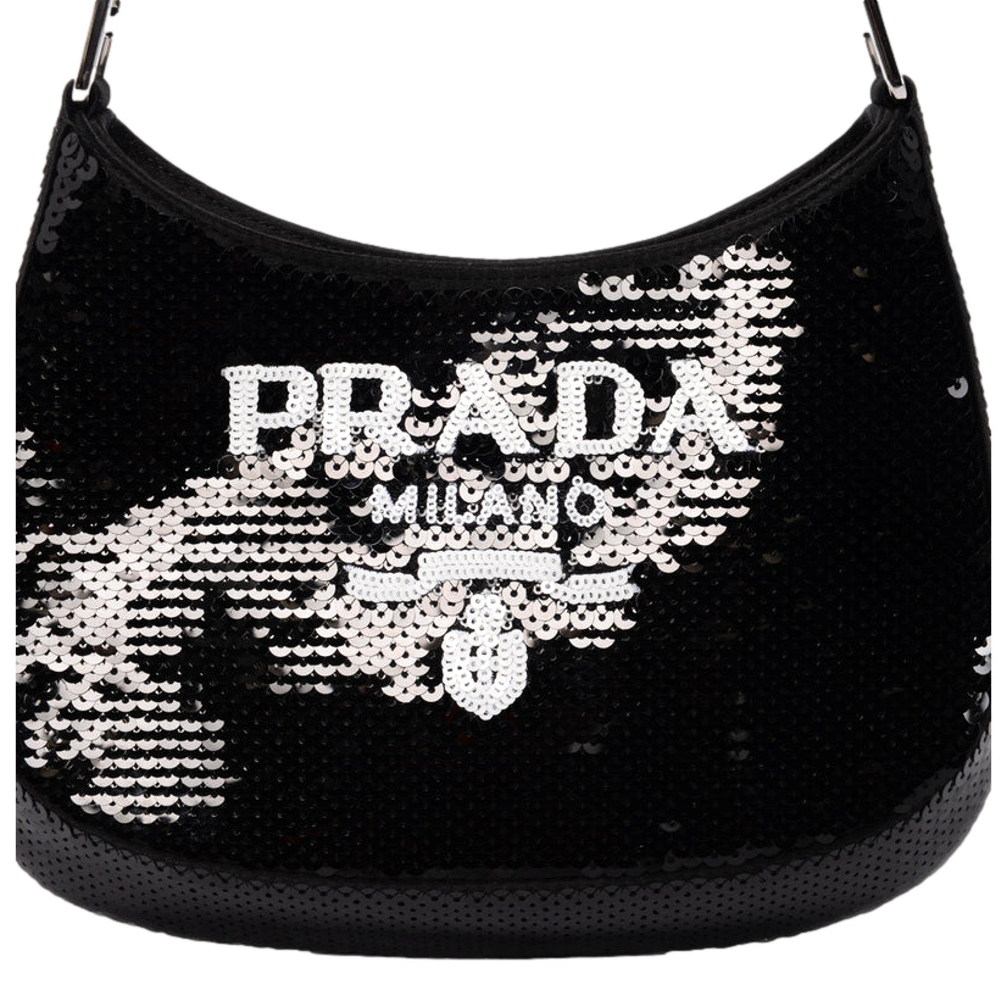 Prada Cleo Black and White Sequin Milano Logo Mini Leather Shoulder Bag -   Shop Bags LLC