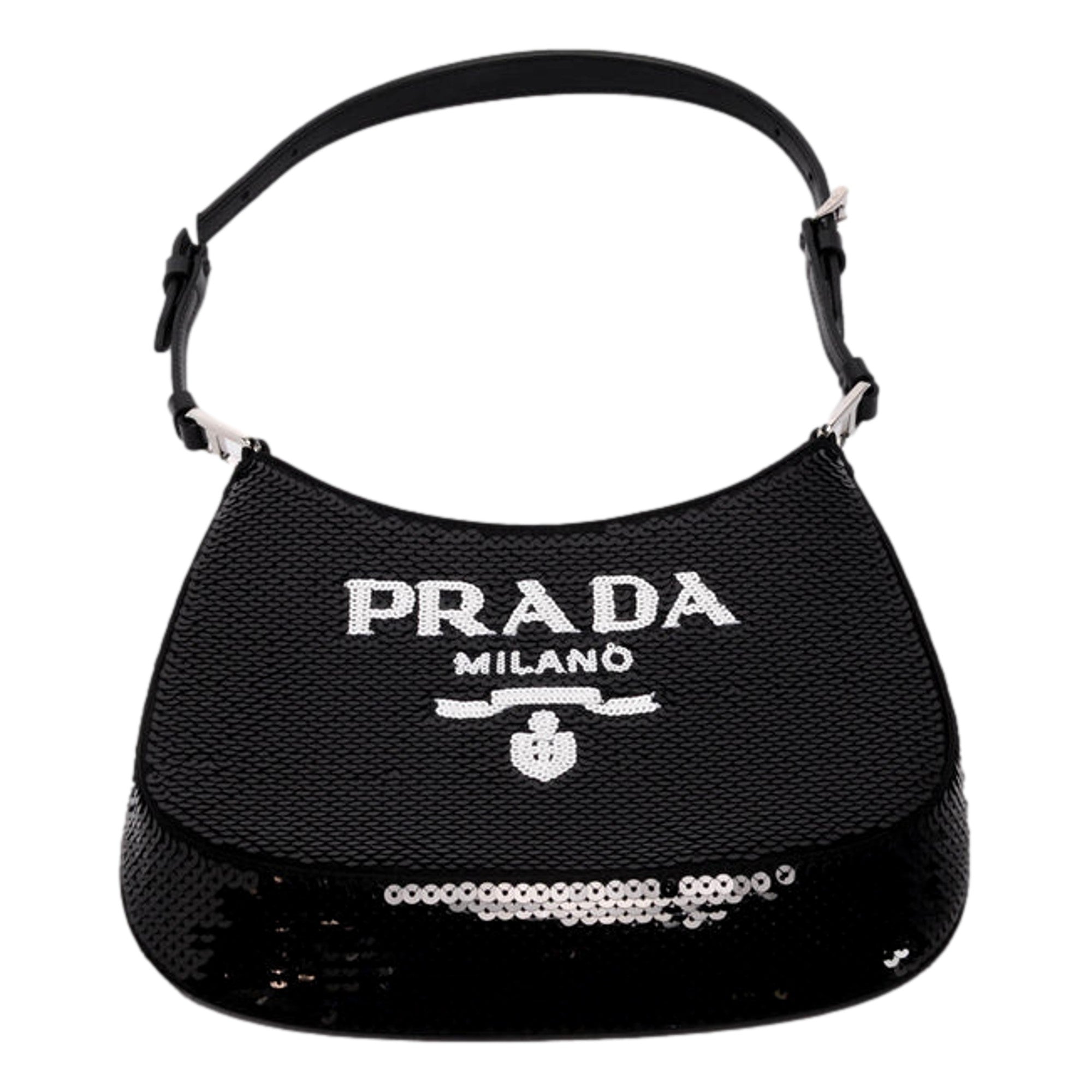 Prada Cleo Black and White Sequin Milano Logo Mini Leather Shoulder Bag -   Shop Bags LLC