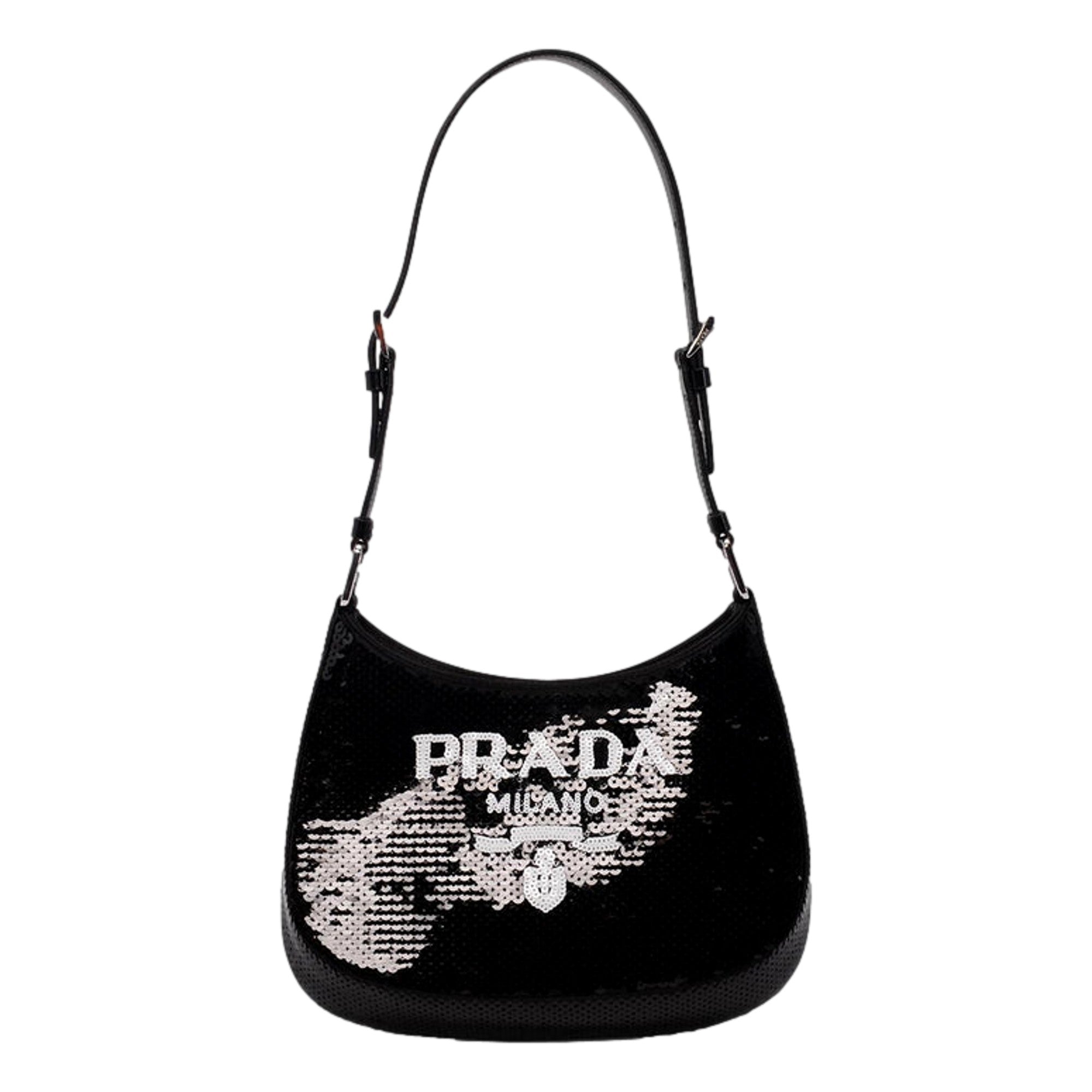 Prada Cleo Black and White Sequin Milano Logo Mini Leather Shoulder Bag -   Shop Bags LLC