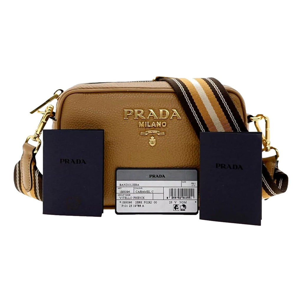 Prada Crossbody Bag - Tan Caramel Leather Bag with Stripe Strap -   Shop Bags LLC 