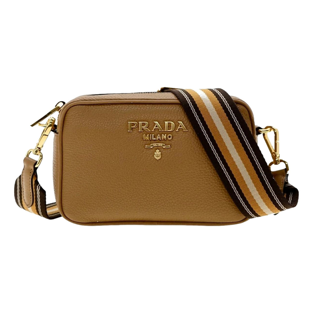 Prada Crossbody Bag - Tan Caramel Leather Bag with Stripe Strap -   Shop Bags LLC 